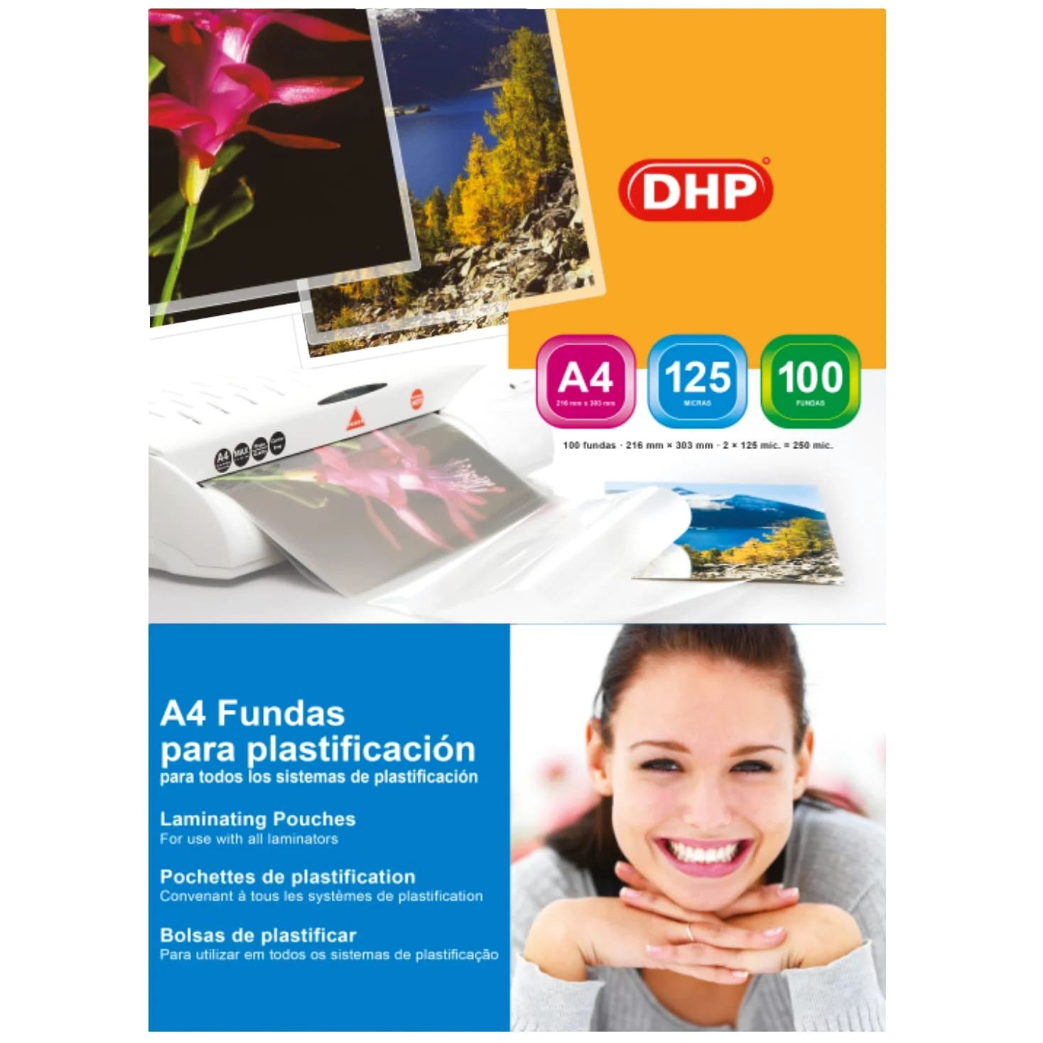 Fundas de Plastificar DHP - Formato A4, 125 micras, Mate, Caja 100 unidades