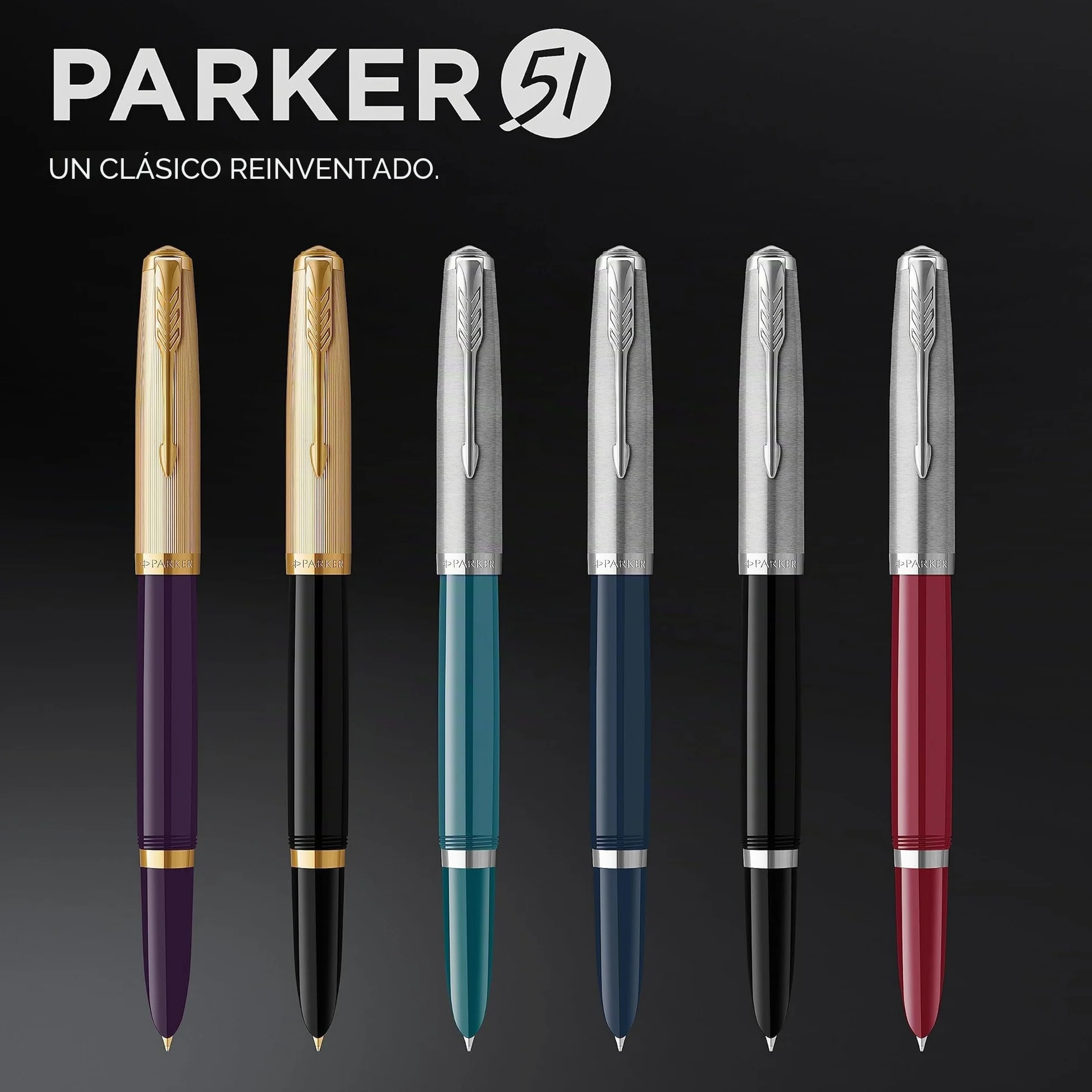 Parker 51 pluma estilográfica | cuerpo negro con adorno cromado | plumín fino con cartucho de tinta negra | estuche de regalo