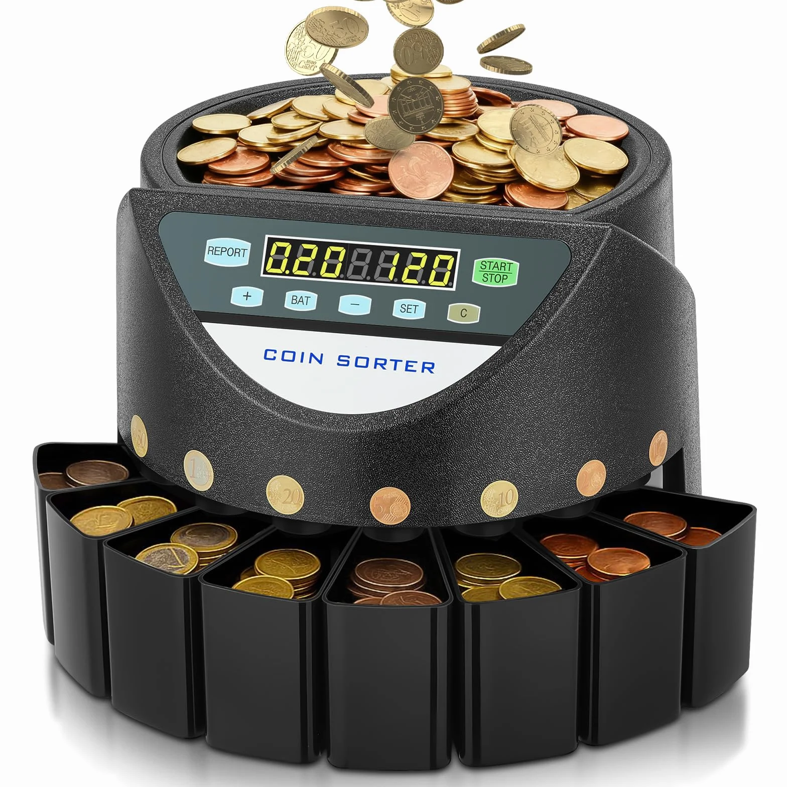 Contador de Monedas Euro, Clasificador de Monedas Capacidad para 800 monedas, Maquina Contar Monedas con 8 cajones de recolección, para colegios, tiendas y bancos