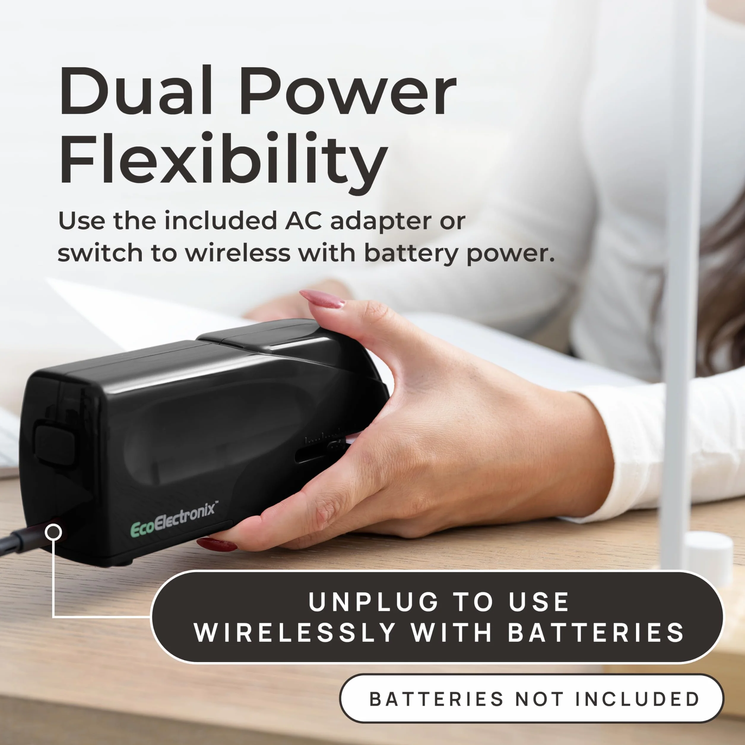 EcoElectronix Grapadora eléctrica automática portátil, capacidad de 30 hojas, funcionamiento silencioso, sin atascos y fácil de recargar - Adaptador de CA/funciona con pilas, (negro)