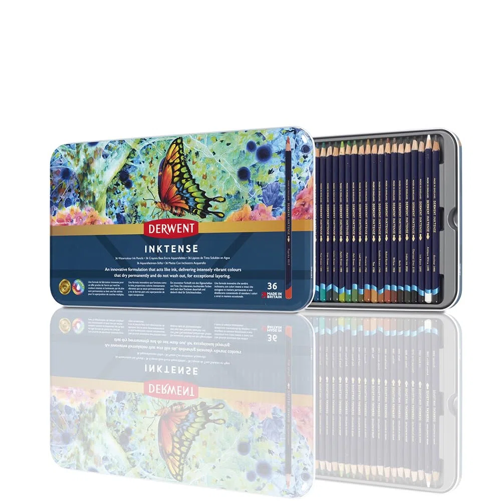 Derwent Inktense Juego de 36 Lápices de Tinta para Acuarela Solubles en Agua para Papel o Tela en Caja Metálica, 4 mm