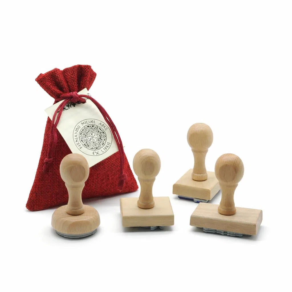 Sello Ex Libris Personalizado, Madera de Haya, Bolsa Limosnera