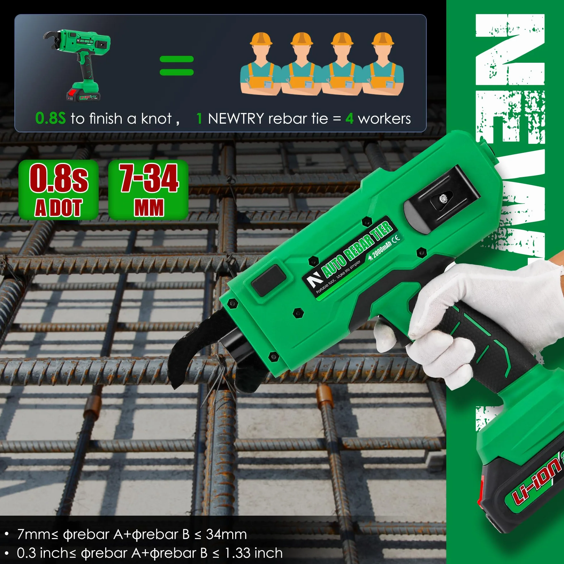 NEWTRY 20V Atadora Alambre de Ferralla Automática Cerradora para Barras de Acero de 0,3 a 1,33 Pulgadas (7~34 mm), con 2 piezas. 2.0 Ah Batería y Cargador