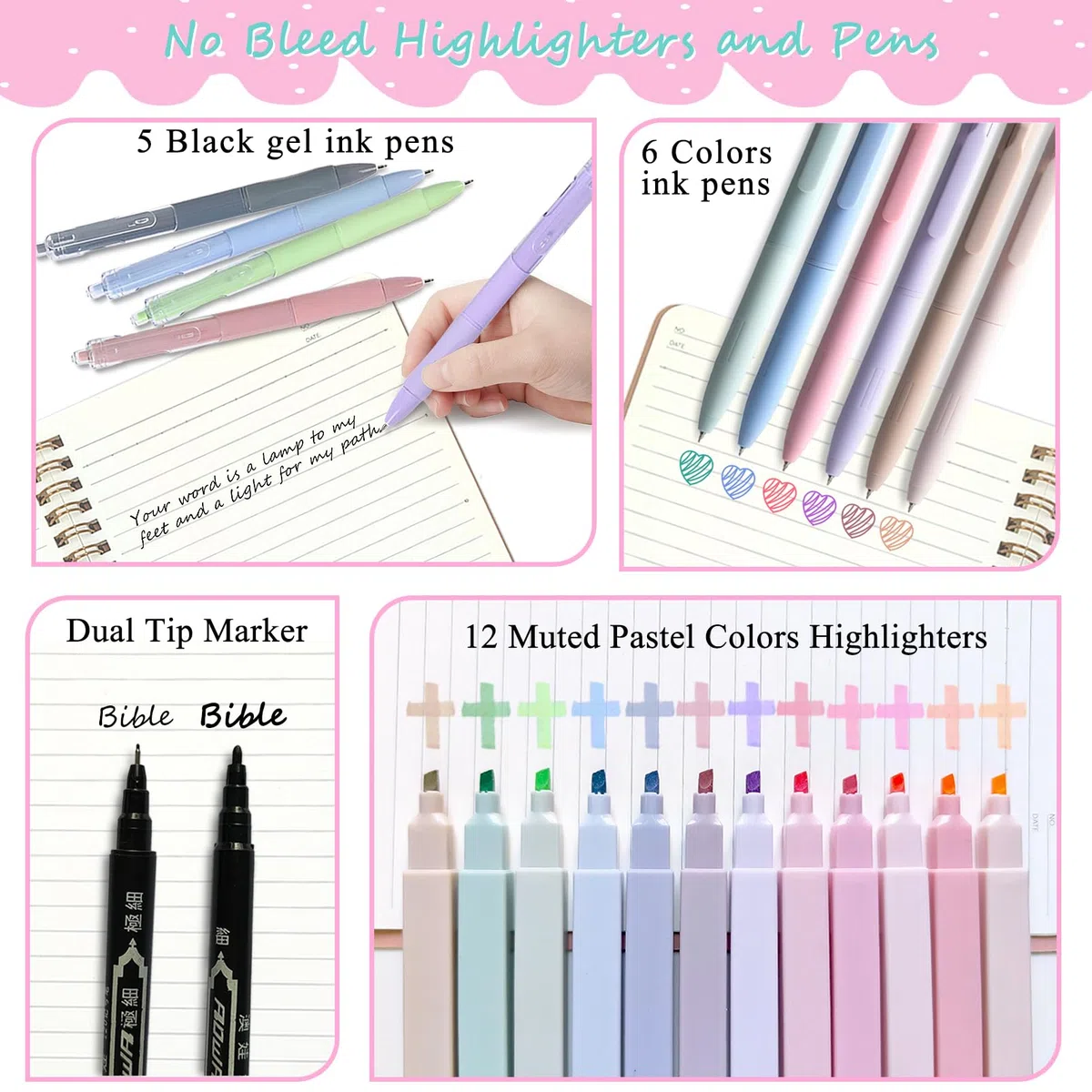 Kit de diario bíblico para mujeres, accesorios esenciales de estudio para estudiantes escolares con estuche para bolígrafo, cuaderno de diario de la Biblia, resaltadores y bolígrafos sin sangrado,