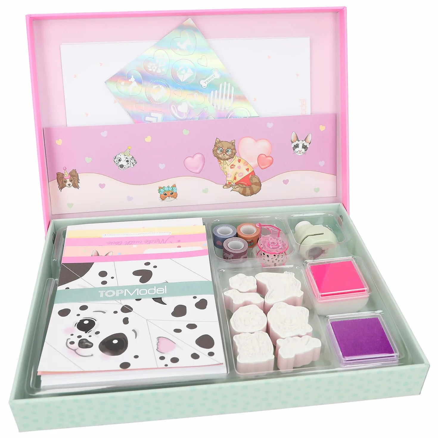 Depesche 12881 TOPModel Kitty and Doggy - Set de Letras a Mano en diseño de Perros y Gatos, Incluye Papel de Carta, Sobres, Pegatinas, Sello UVM.