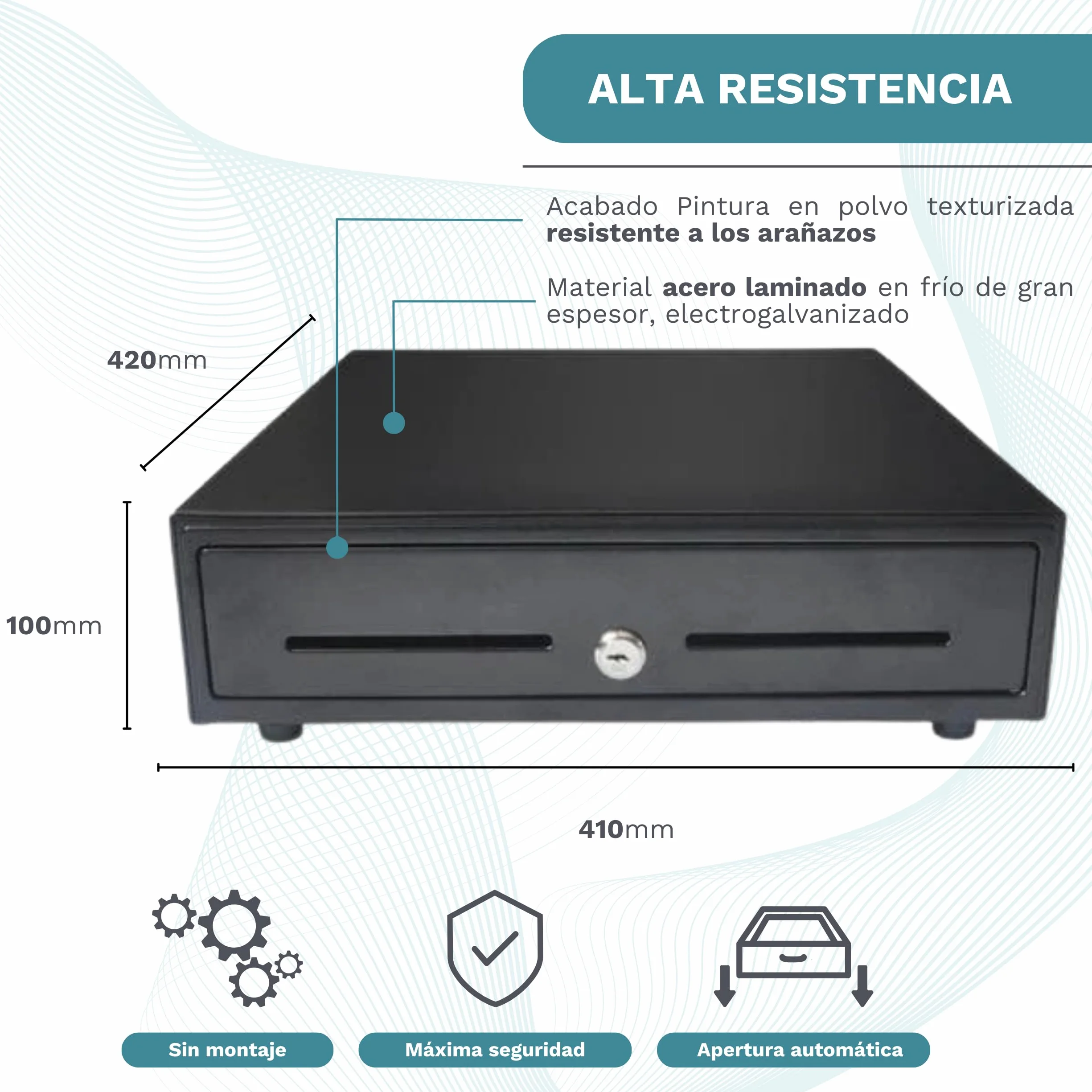 Cajón Portamonedas Caja Registradora Metálico 41x42x11cm Negro Apertura Automática RJ11 Manual con Llaves 4 Compartimentos Billetes 8 Monedas