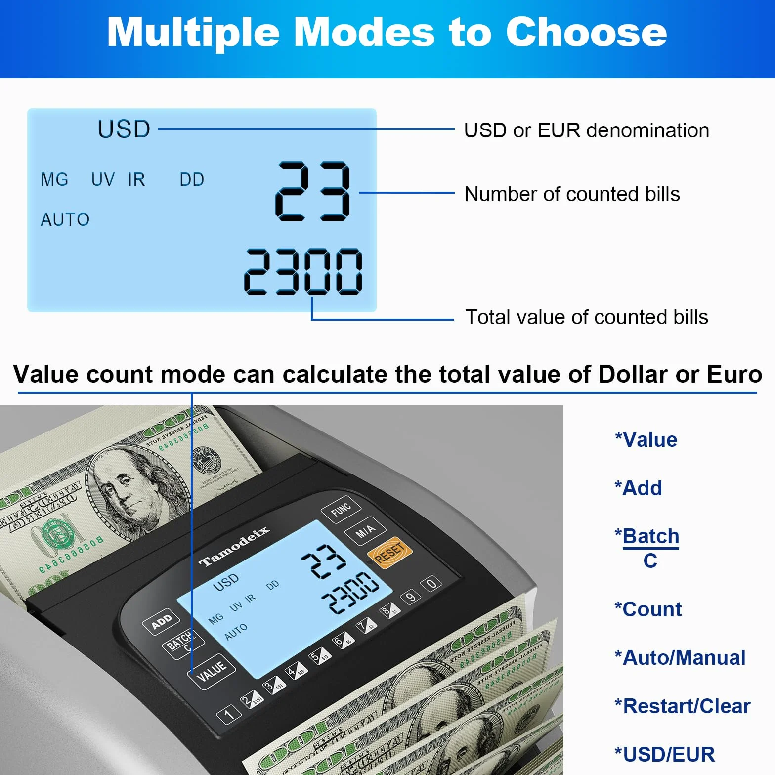 NX270 Contador de Billetes Máquina Contadora de Efectivo en Euro y USD y GBP con LCD Grande y Pantalla Externa para Pequeñas Empresas, No cuenta montos mixtos