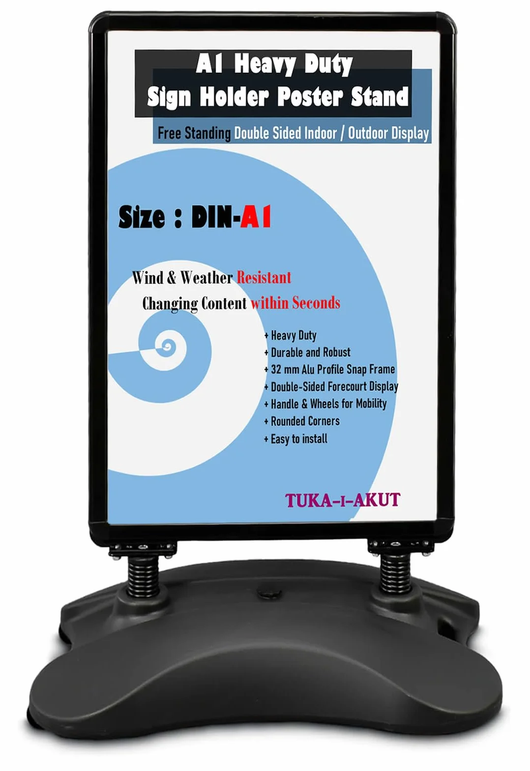 TUKA-i-AKUT DIN A1 Soporte para Carteles, Doble Cara, Robusto Expositor de Póster con Ruedas y Marco de Aluminio, Base Resistente, Soporte Publicitario Estable Interiores y Exteriores, TKD8425 Negro
