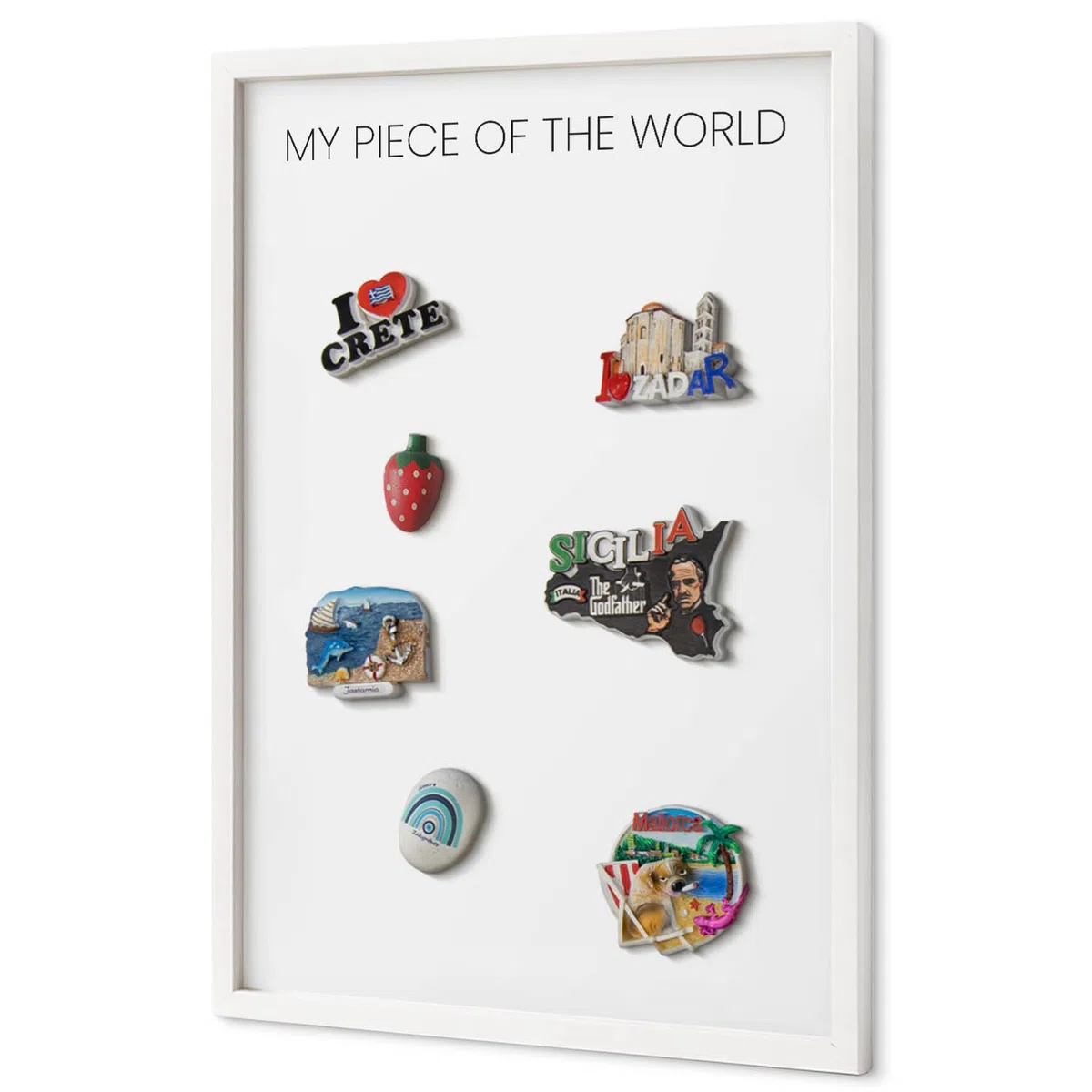 Tablero Imantado 40x60 cm | con Marco Blanco | My Piece Of The World | Montaje Fácil | Pizarra Magnética | Para Souvenirs de Viaje | Para Imanes Turísticos, Fotos Polaroid y Postales | Para Cocina