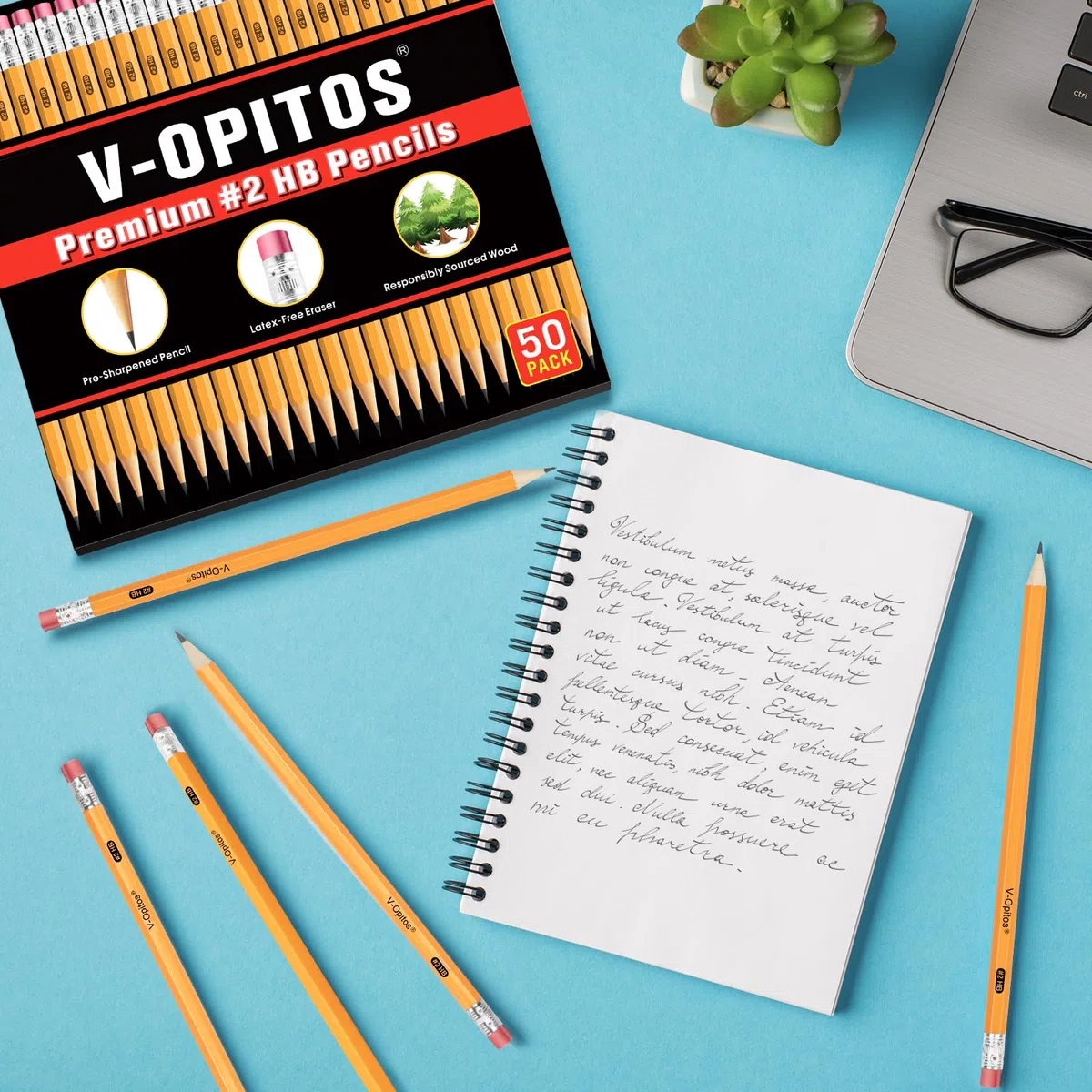 V-Opitos Lápices HB #2 con carcasa de madera, paquete de 50 lápices preafilados con borradores superiores, lápices amarillos a granel para suministros de profesores escolares, escritura, dibujo y