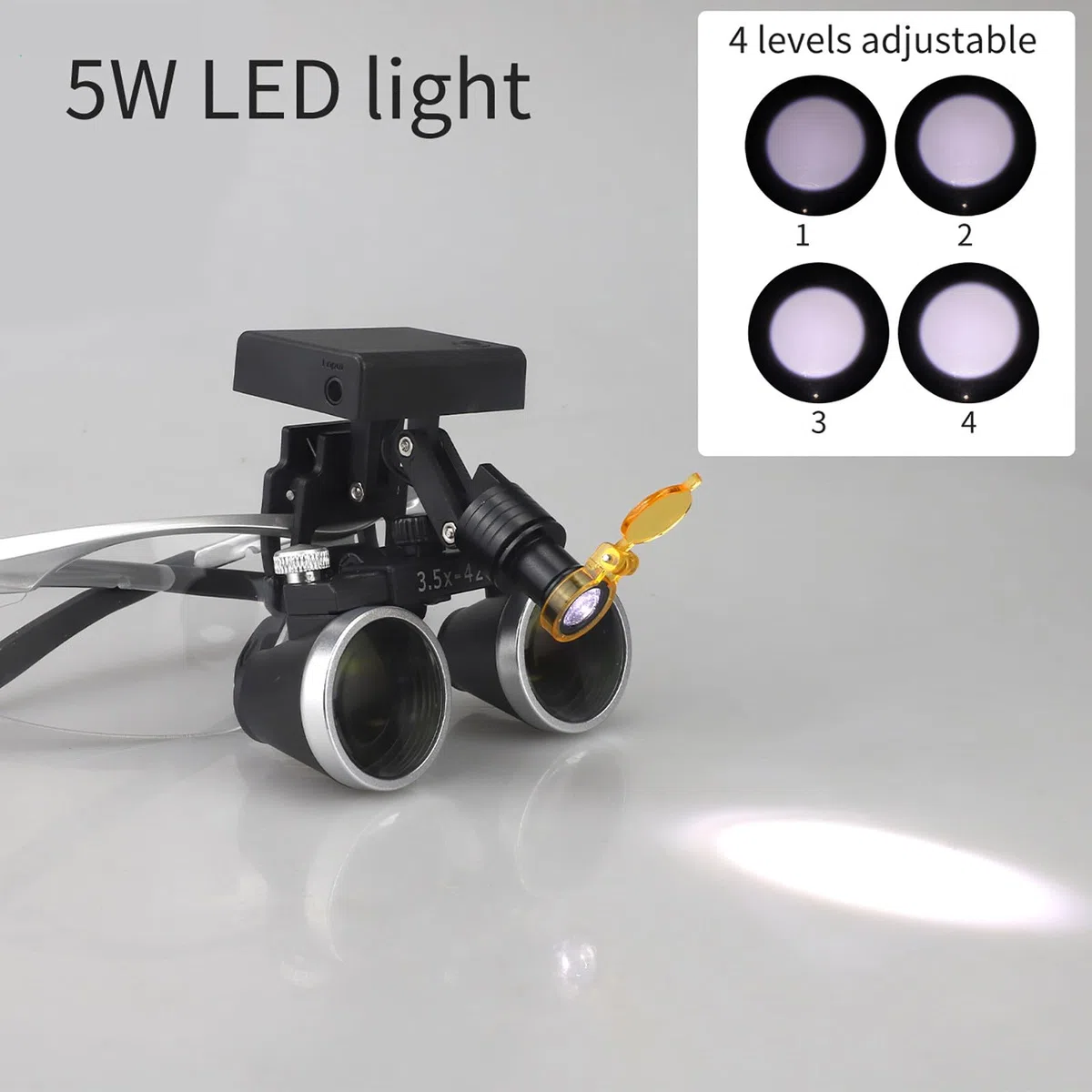 Lupas Binoculares Dentales, Aumento De 2,5X / 3,5X, con Linterna Frontal Led De 5W, Distancia De Trabajo: 320-42mm, 4 Niveles De Brillo Ajustable, para Laboratorios Dentales. E-3.5X