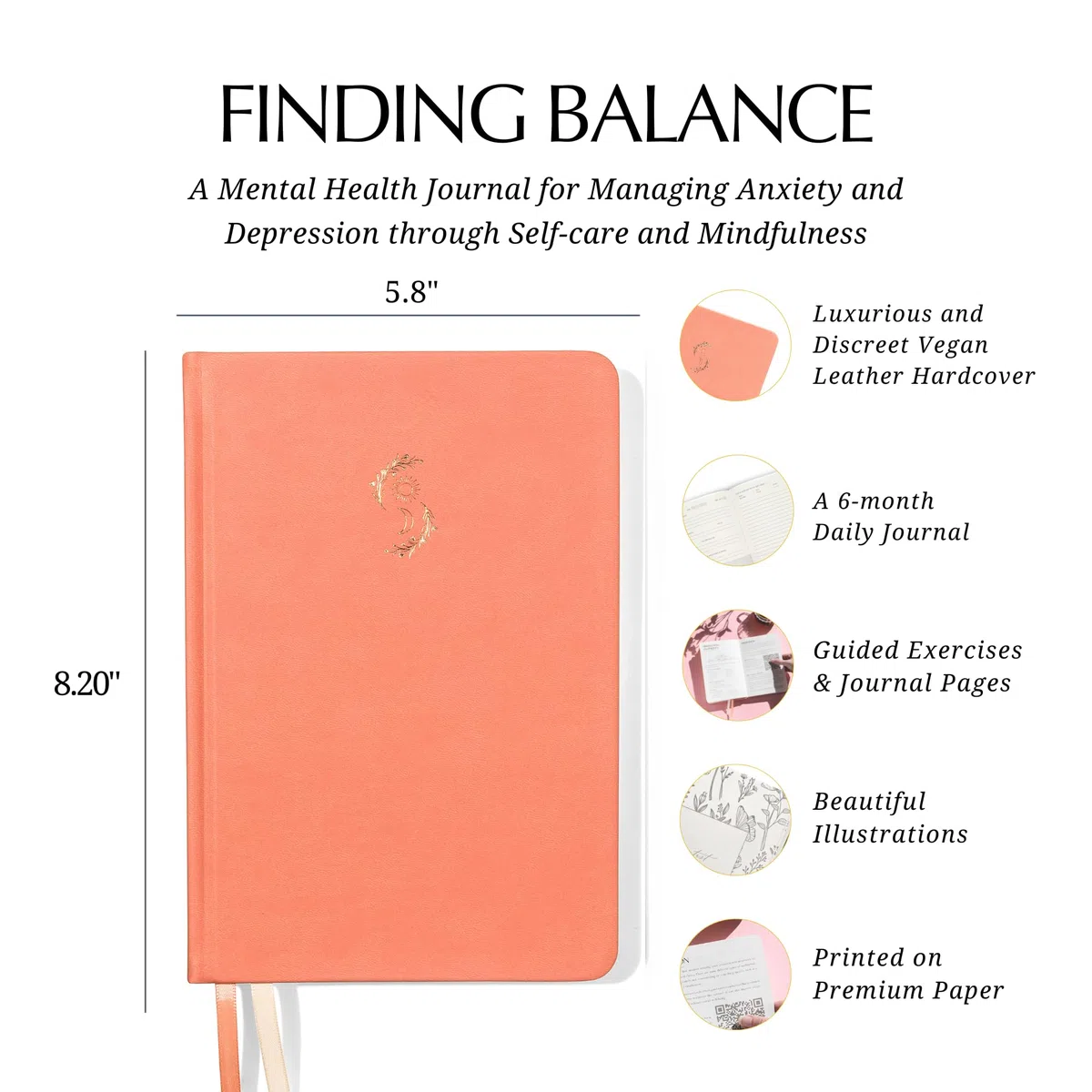LIFTINSPIRE CO. FINDING BALANCE - Diario de salud mental – Diario diario de 6 meses con indicaciones para atención plena, cuidado personal y curación – Alivio de la ansiedad y la depresión – Tapa dura