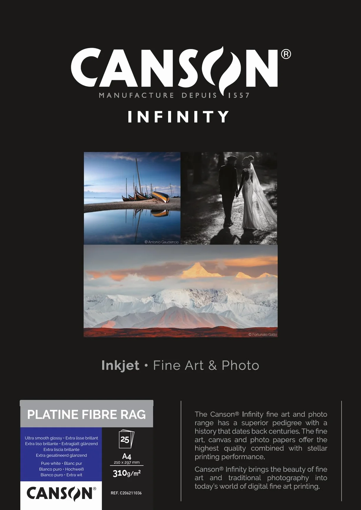 Canson Infinity Platine Fibre Rag, Papeles digitales ''Vintage'', Ultra suave y brillante, 310g, Hoja, A4-21x29,7cm, Blanco puro, 25 Hojas