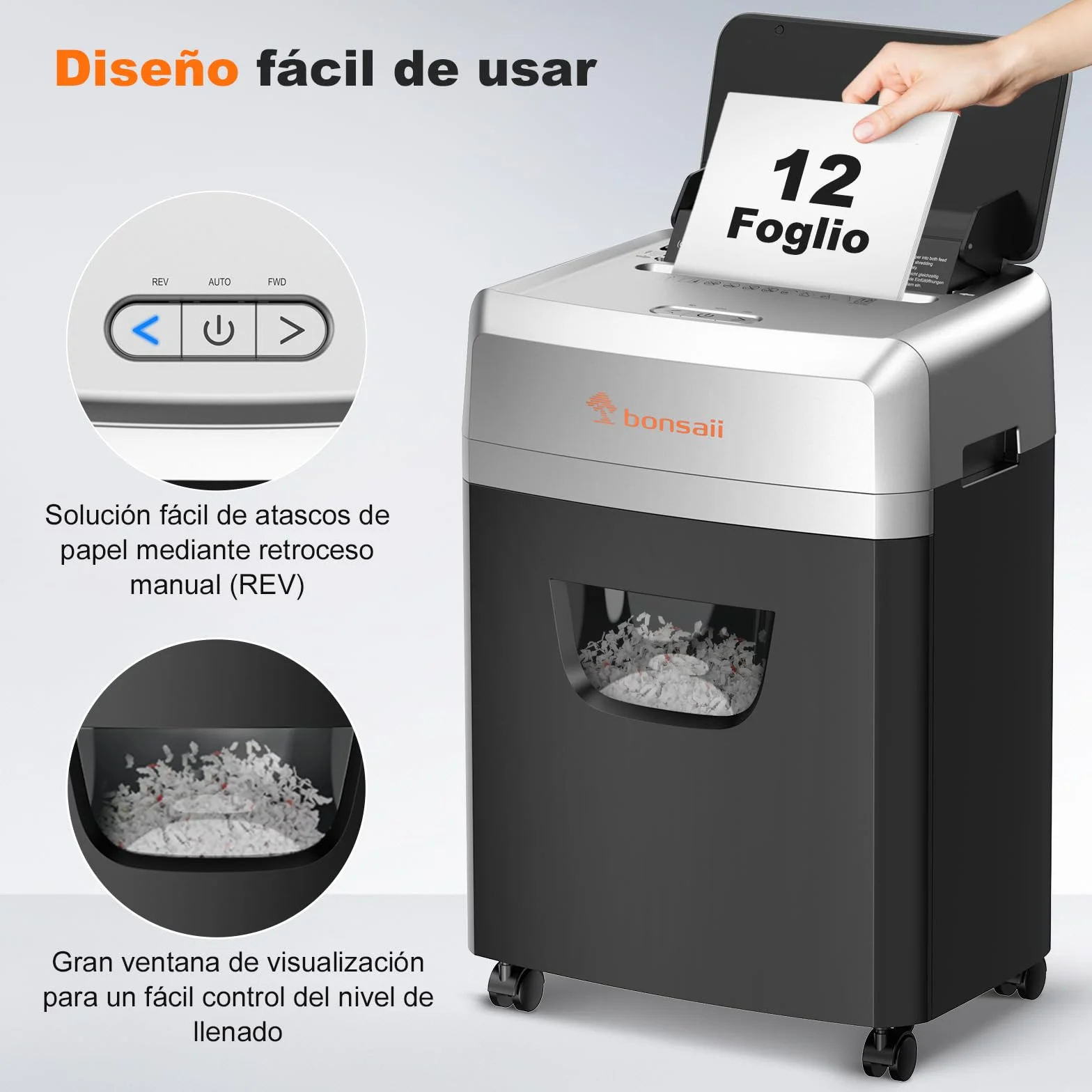 Bonsaii Trituradora de Documentos con alimentación automática para 160 Hojas, Corte en Cruz P-4, 60 Minutos de Funcionamiento Continuo, Caja de Recogida de 23 litros, para Uso en Oficina C290-A