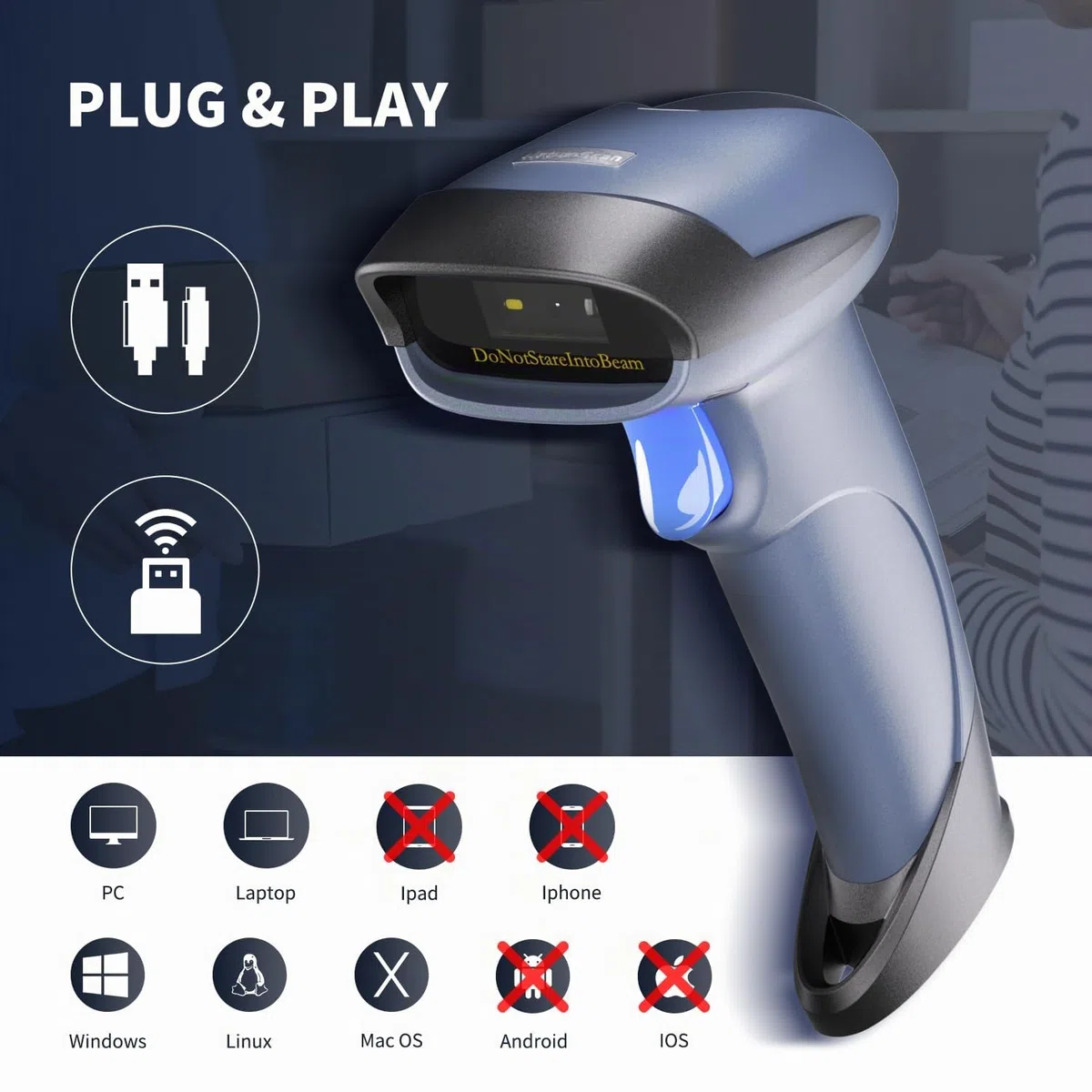 NetumScan Escáner de código de barras QR 1D 2D 2.4G inalámbrico USB con cable lector de código de barras escaneo DataMatrix compatible con computadora portátil Windows OS PC para almacenes
