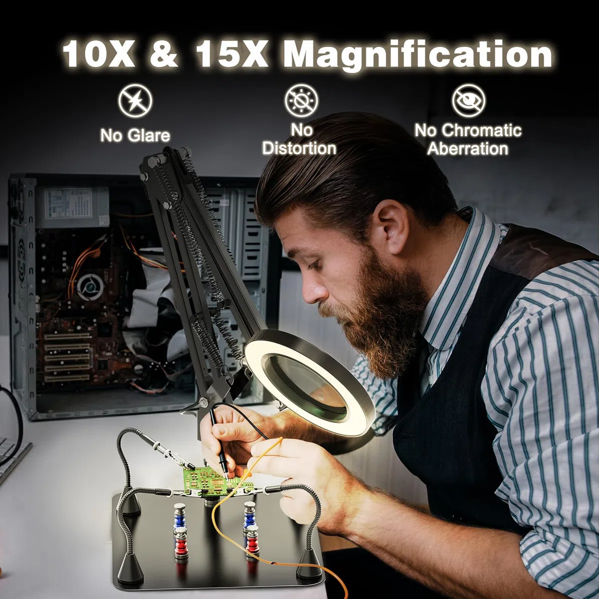 10X & 15X Lupa con Luz y Soporte, Manos de Ayuda Magnética con Lupa y Luz, Lámpara de Trabajo con Pinza y Modo de 3 Colores, Lámpara de Aumento para Manualidades, Soldaduras, Hobbies