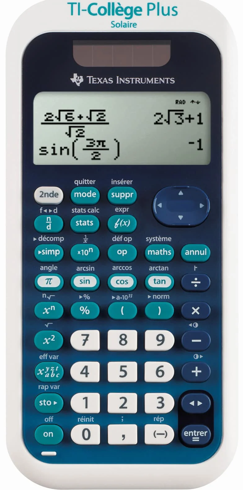 Texas Instruments TI College Plus - Calculadora científica (Panel Solar y batería), Color Azul y Blanco