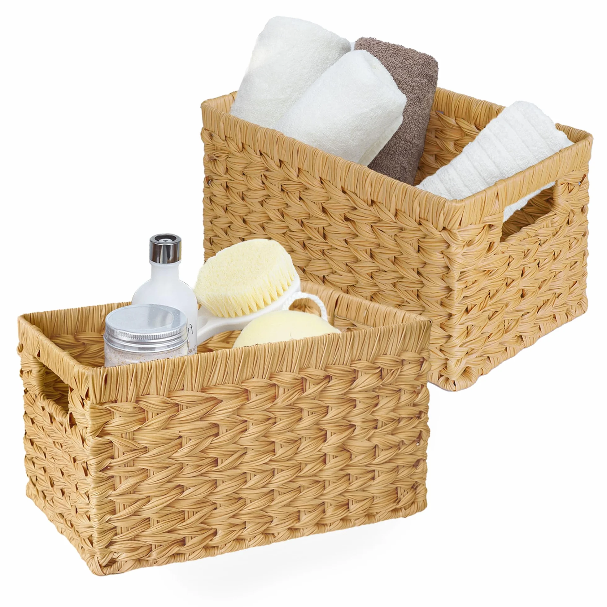 GRANNY SAYS Cestas de almacenamiento de mimbre, cestas tejidas para estantes, cestas de baño impermeables para organizar, cestas de mimbre con asas, naturaleza, paquete de 2