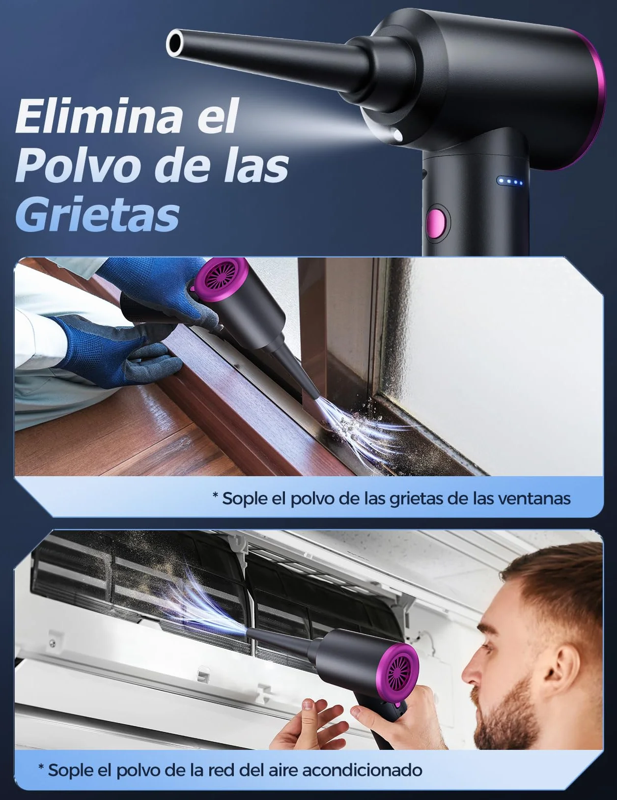 Soplador de Polvo de Eléctrico Aire Comprimido Eléctrico - 100000 RPM Limpieza de PC por Pulverización de Aire Comprimido con Batería de 9000mAh, Limpieza de Teclado de Aspiradora de 3 Velocidades