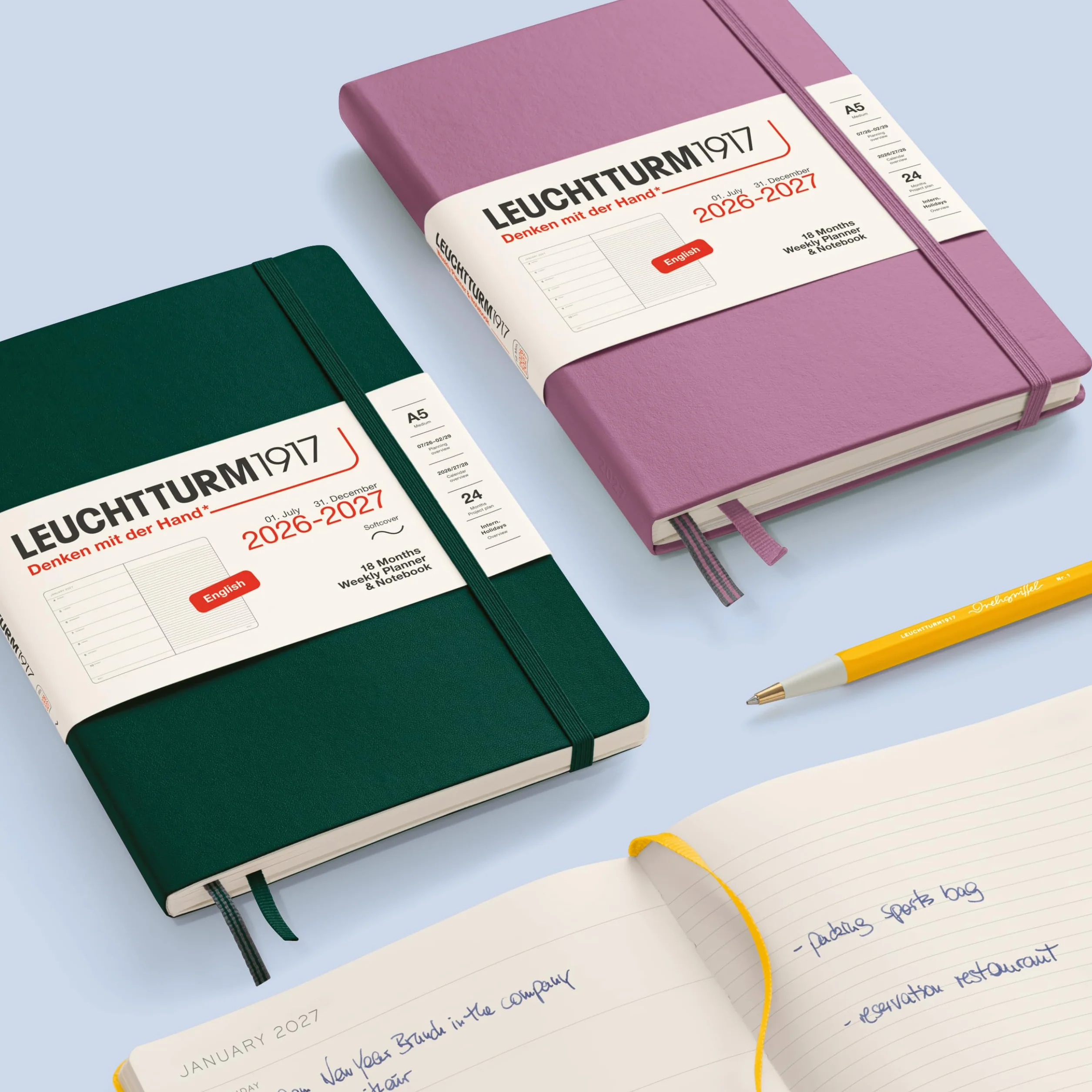 LEUCHTTURM1917 Agenda semanal 2027 A5 con cuaderno, a rayas, en inglés, 18 meses de julio de 2026 a diciembre de 2027, tapa blanda, 210 x 145 mm, vista semanal izquierda + página de notas a la derecha