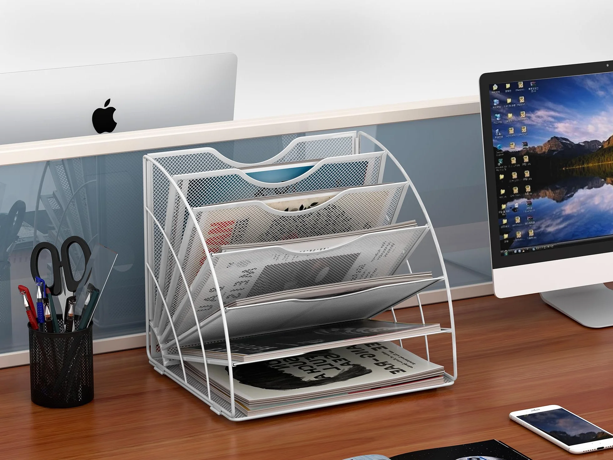 EasyPAG Metal Malla A4 Bandeja Organizador Papeles Escritorio Soporte Documentos, Blanco