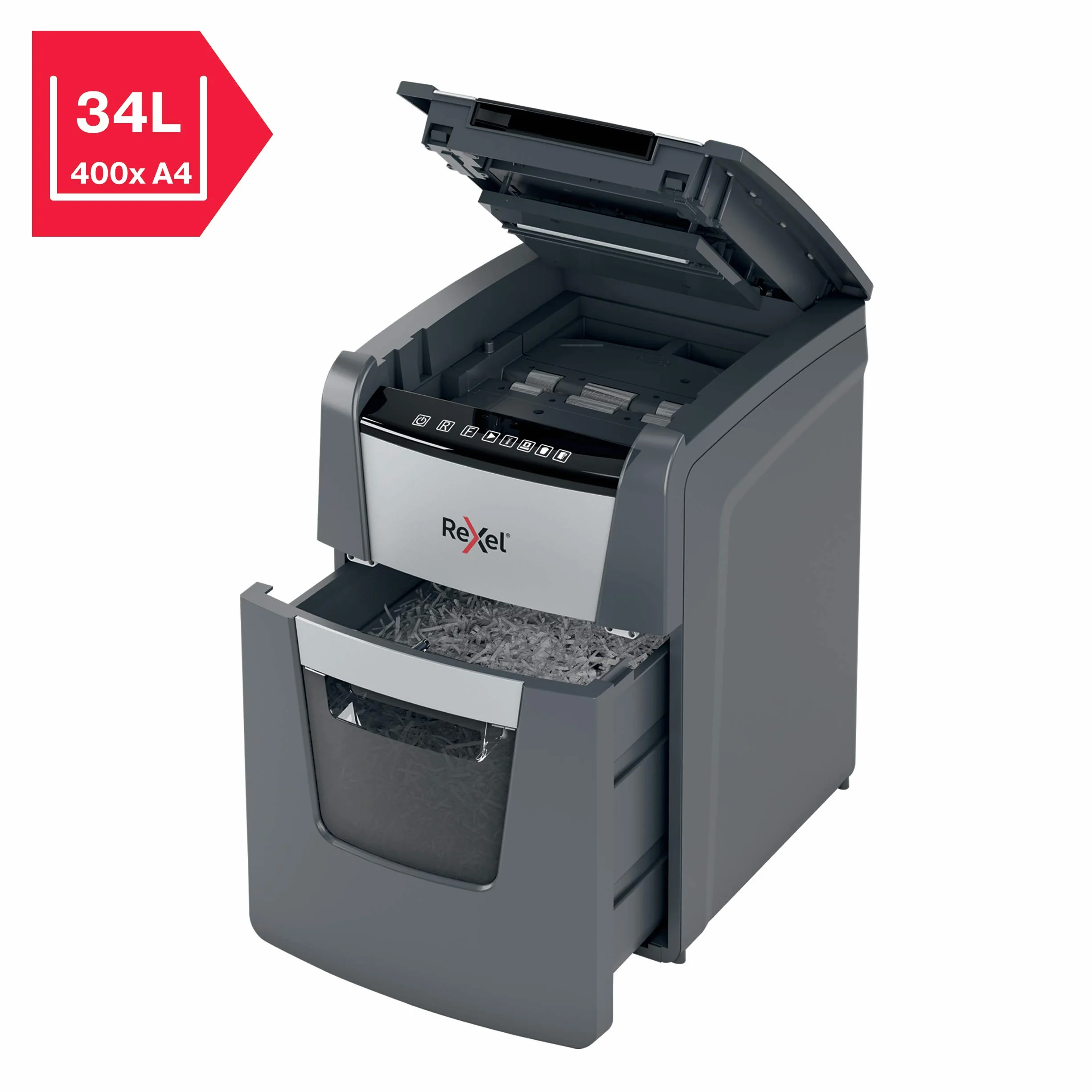 Rexel 2020100MEU - Destructora de Papel Automática Optimum AutoFeed 100M, Microcorte P-5 (2x15 mm), 100 Hojas A4, Papelera Extraíble 34L, Destruye Grapas y Clips, Oficina