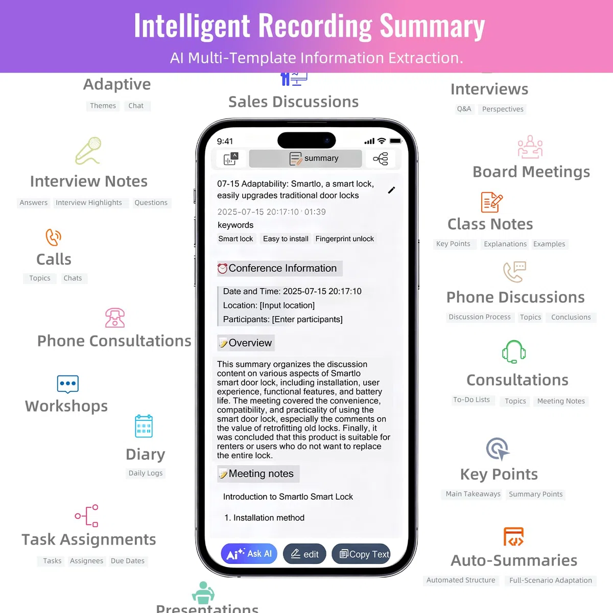 Grabadora de voz IA, grabadora de voz de 64 GB con soporte magnético, transcripción, mapa mental y resumen a través de la aplicación, compatible con 189 idiomas, grabadora digital portátil para