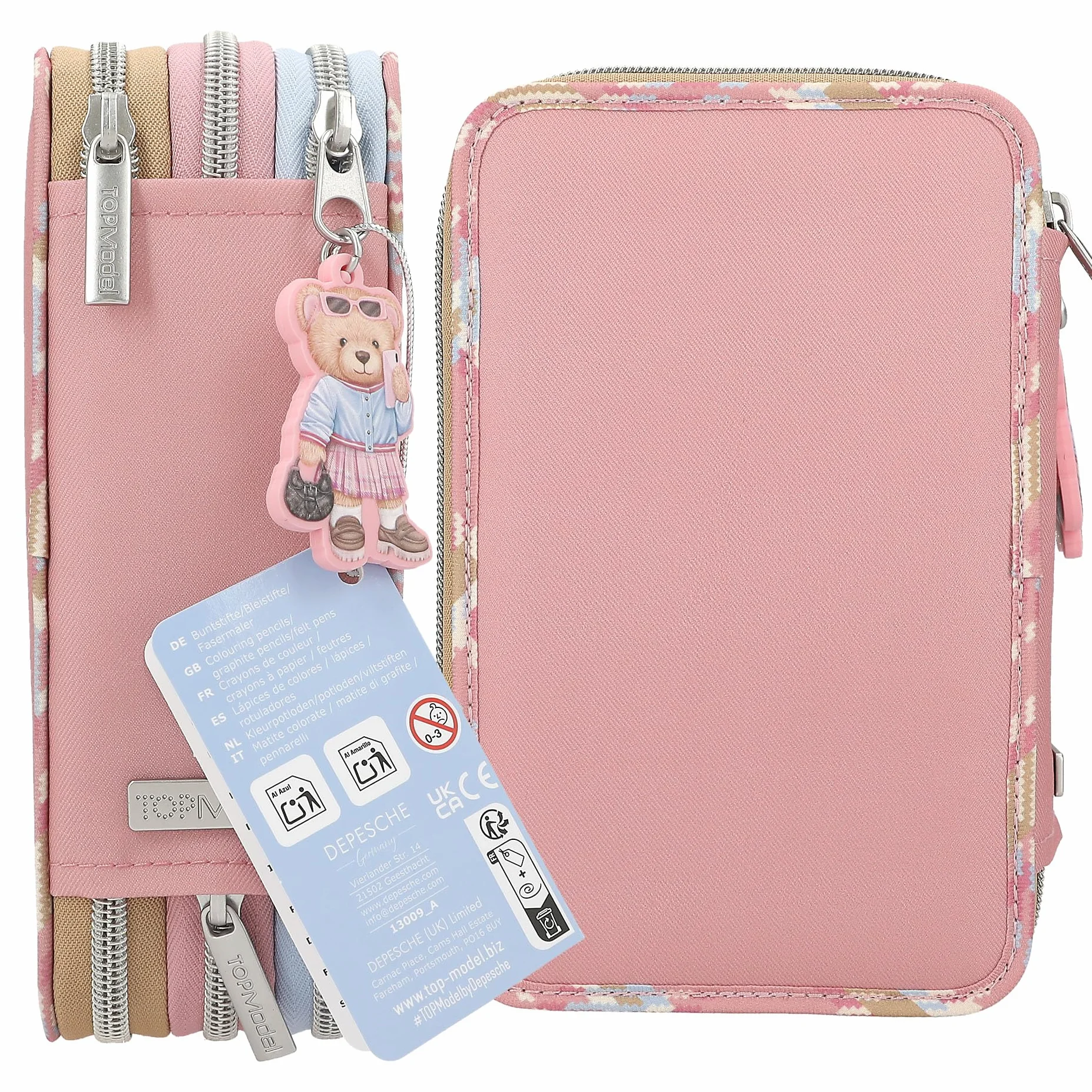 Depesche 13009 TOPModel Team Teddy - Estuche con 3 Compartimentos, con diseño de Oso de Peluche, Color Rosa