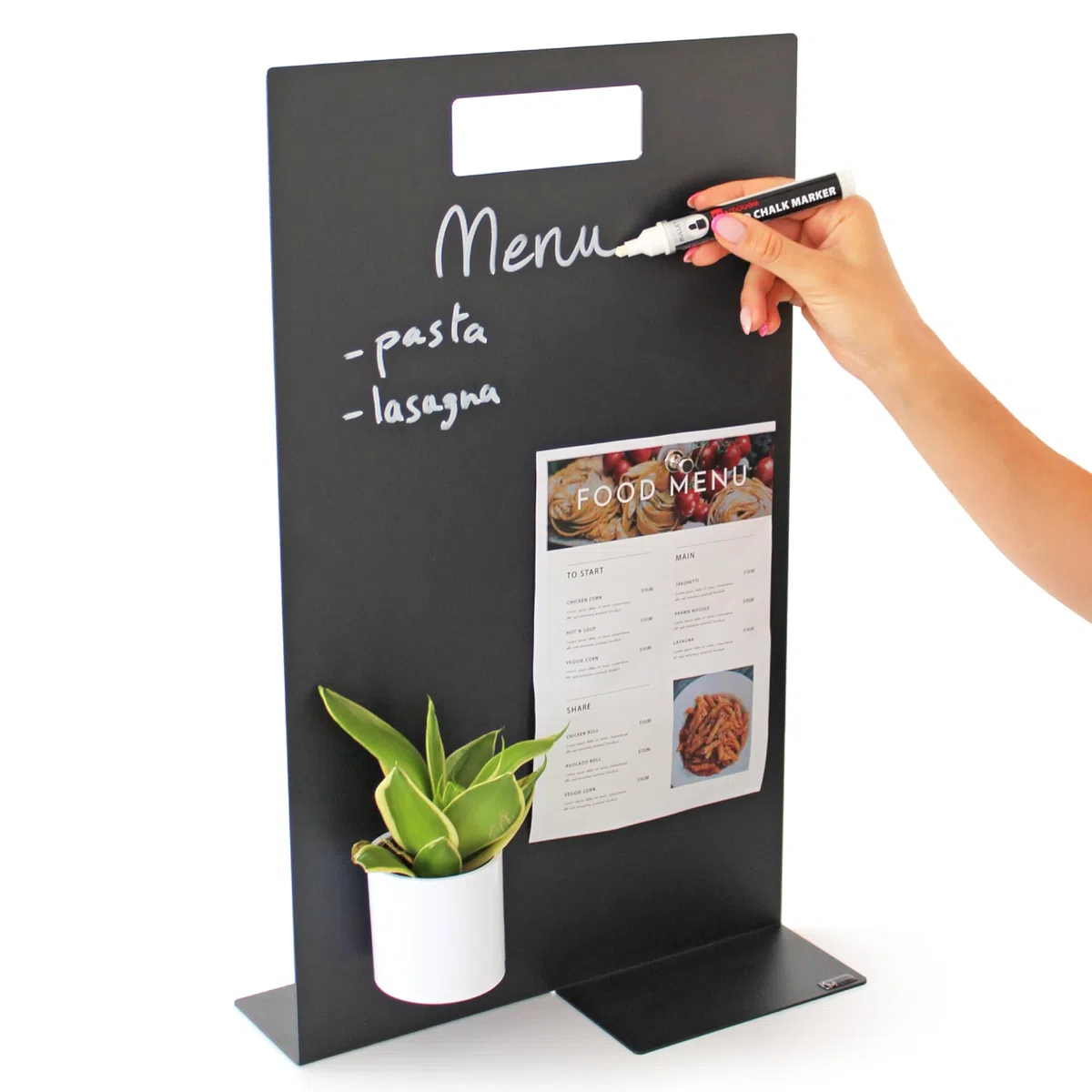 KalaMitica - Pizarra magnética de mesa formato A3 - 30 x 50 cm - Pizarra negra de doble cara, se puede escribir y borrar - Expositor de mostrador, porta menús para restaurante, bar, tienda