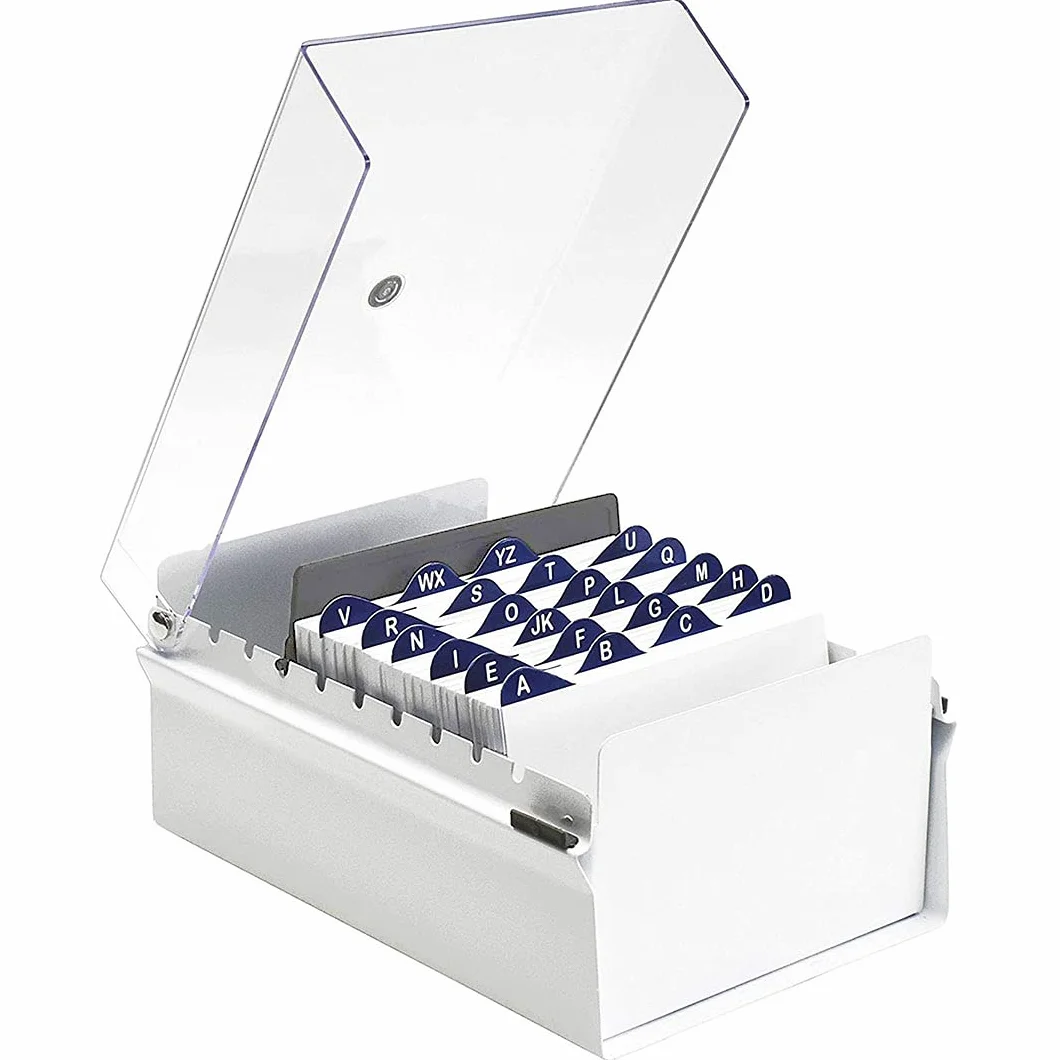 Acrimet Porta Tarjeta 4"x 6", Organizador de Fichas, Base de Metal Resistente (Incluye Índice AZ y un Divisor de Plastico) (Base Blanco y Tapa de Plástico Transparente)