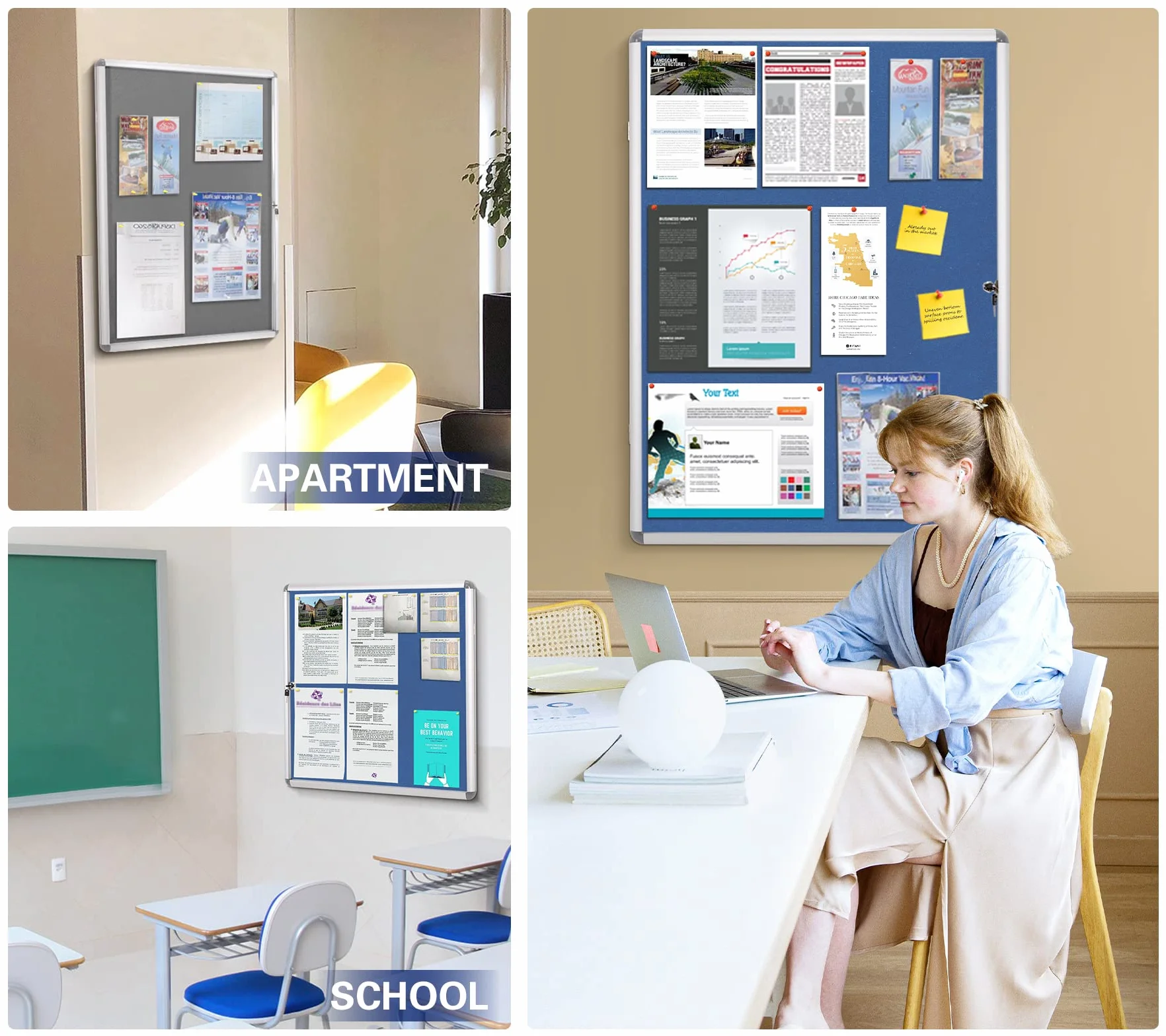 SwanSea Tablón de Anuncios Blanco con cerradura Tablón de anuncios con con llave con bisagras para interiores en aluminio,98x72 cm (9xA4)
