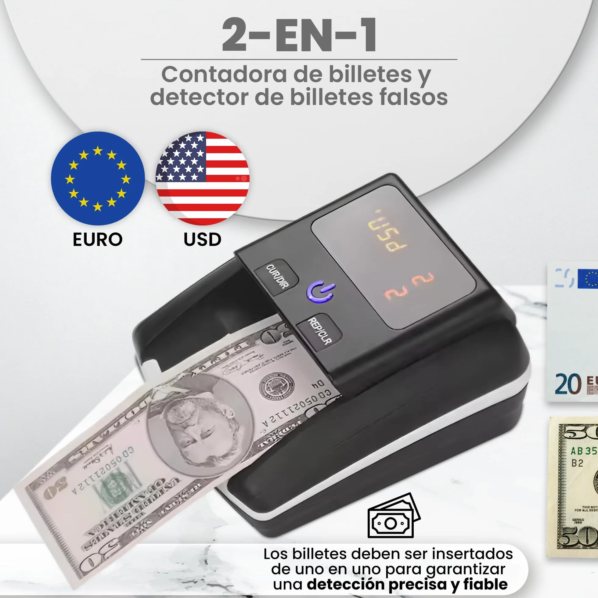 Detector y Contador de Billetes Falsos 2 en 1 UV/Microondas/Infrarrojo Compatible con Euros Dólares Libras