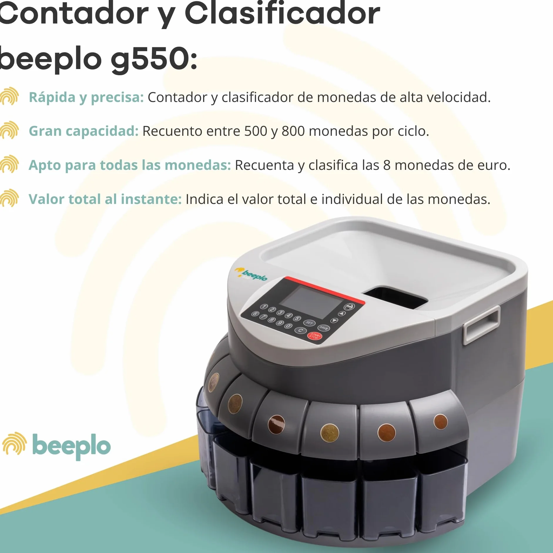 Contador y Clasificador de Monedas EUR G550 Hasta 800 Monedas Alta Velocidad 4 Años Garantía