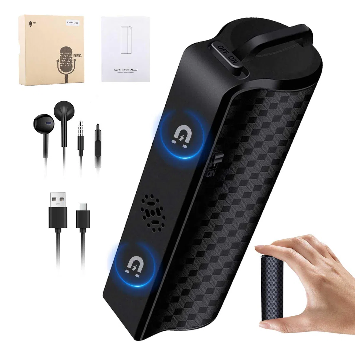 Grabador de voz de 64 GB con imán, grabación continua de 25 días, recargable a través de USB, activación por voz, grabación One Touch, grabadora de voz Mini para reuniones, conferencias y entrevistas