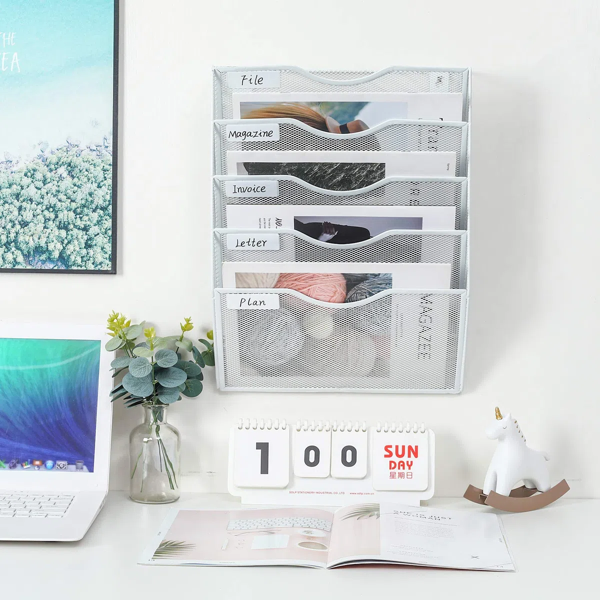PAG Organizador de Archivos de Oficina Para Colgar en la Pared, Revistero Pared De Malla Con 5 Bolsillos , Organizador Pared Vertical Para Documentos de Oficina,Blanco