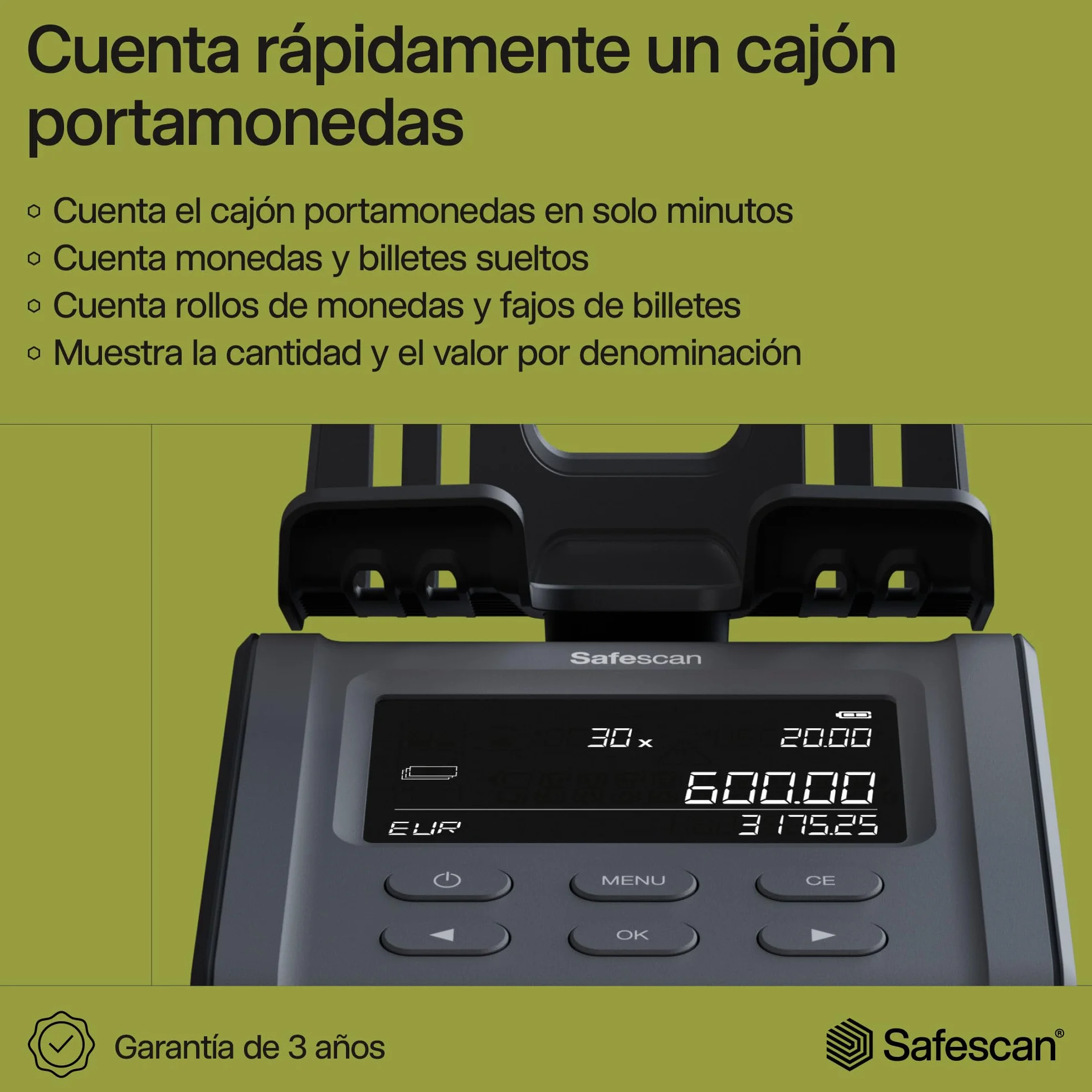 Safescan 6165 Máquina para contar dinero cuenta valor de monedas y billetes - Contadora de monedas con reconocimiento automático de rollos - Balanza para conteo rápido y ágil del cajón portamonedas