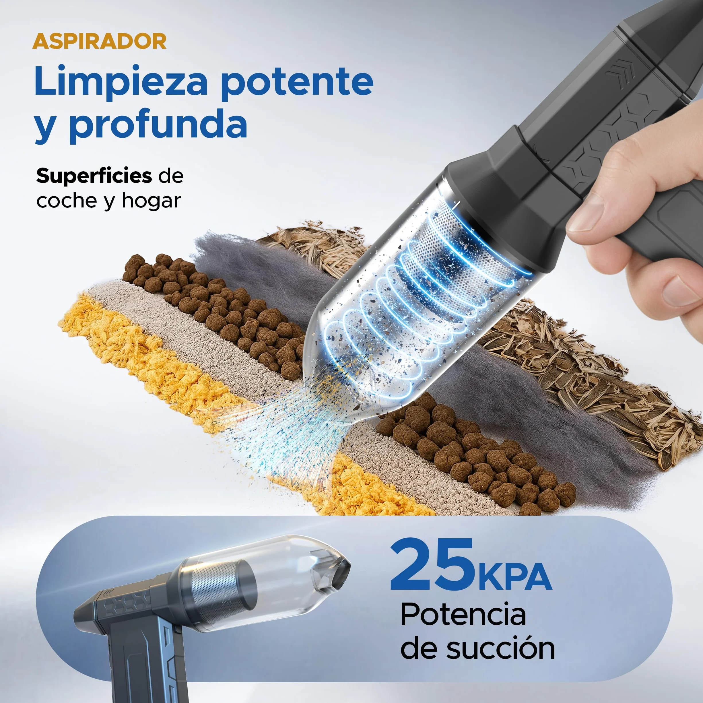 PORTENTUM 3 en 1 Soplador de aire potente 180 km/h – Aspirador coche potente 25 kPa – Linterna LED doble – Set de 25 que incluye 6 boquillas y 13 cepillos – Pistola aire comprimido hasta 115 min