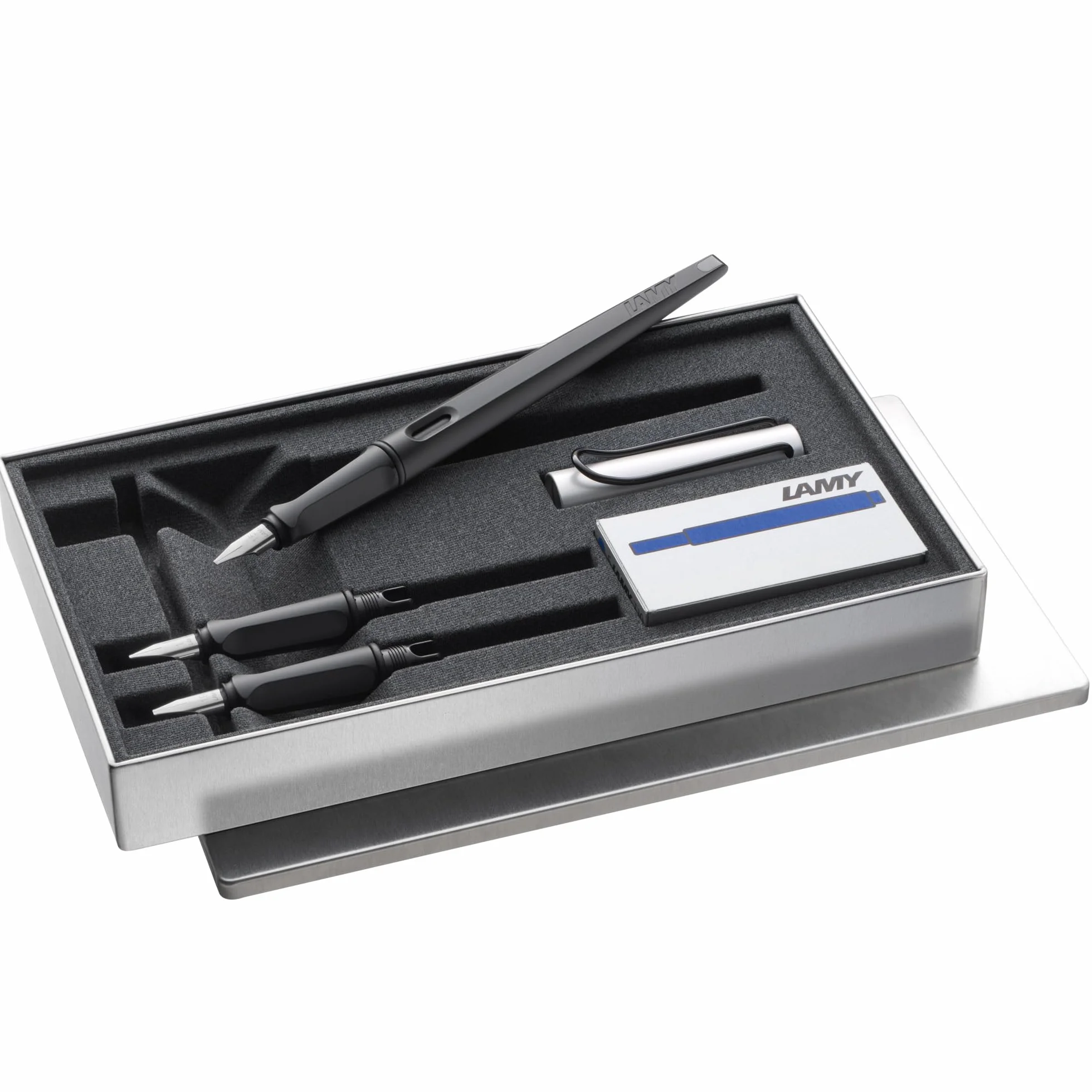 Lamy joy AL pluma caligráfica set- pluma caligráfica con 3 plumines diferentes (1,1/1,5/1,9 mm) - plumín caligráfica con empuñadura ergonómica - 5 cartuchos de tinta T 10 blue incl.