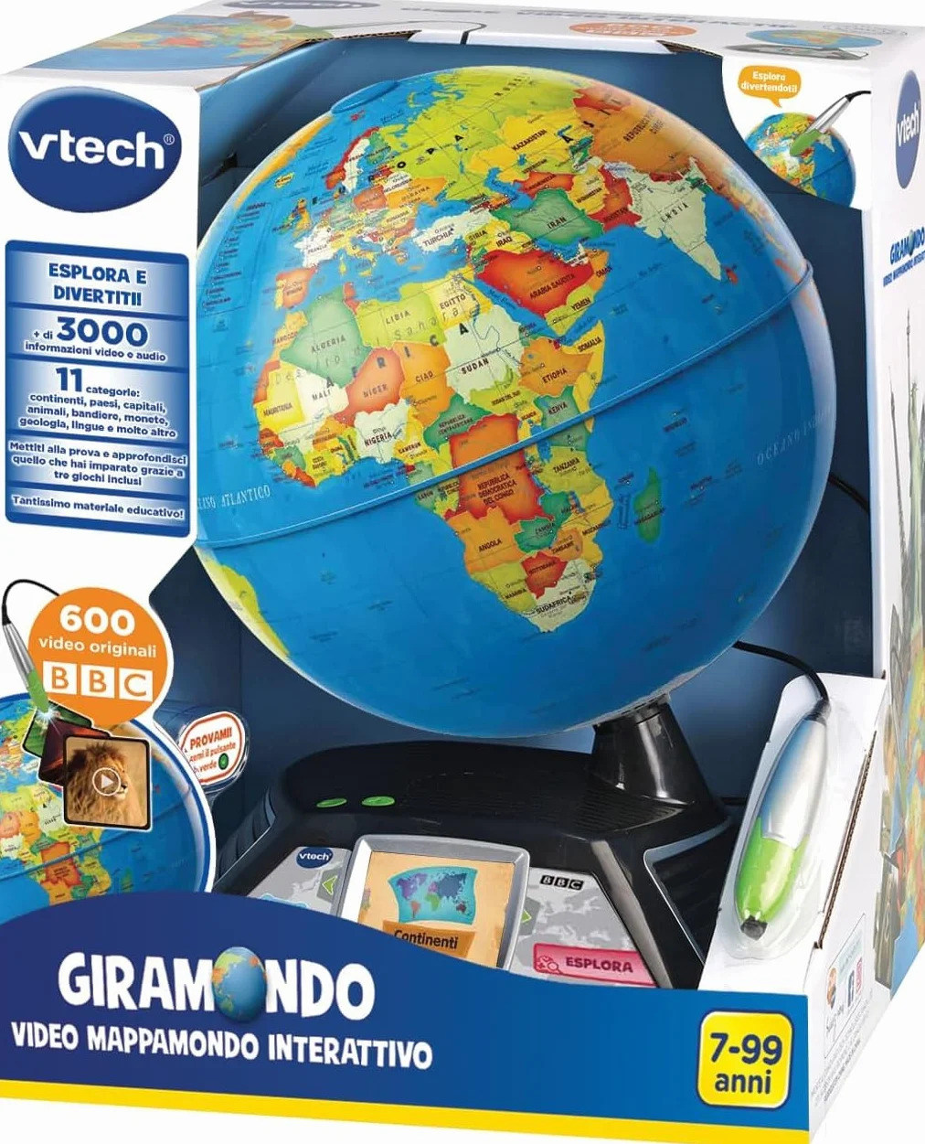 VTech Giramondo – Video globo terráqueo interactivo, mapamundi para niños con bolígrafo táctil y pantalla de 2,7 pulgadas, incluye 600 videos BBC, juegos educativos y cuestionarios, idioma italiano,