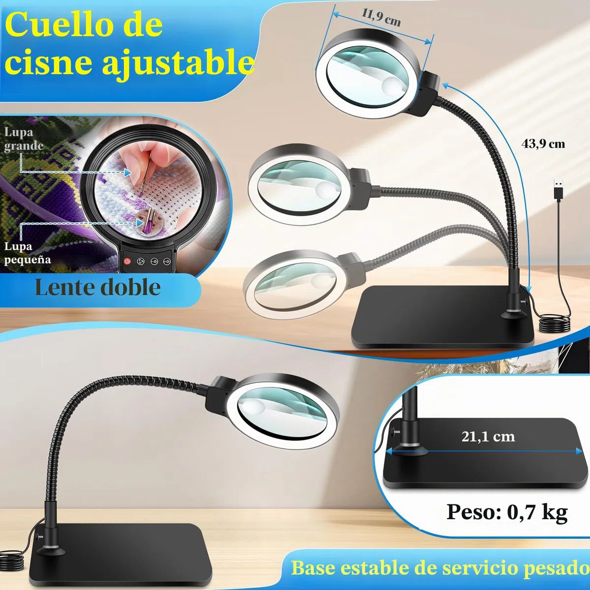 NZQXJXZ 10x Lupa con Luz y Soporte, Lampara Lupa con 72 LED, 3 Temperaturas de Color y 10 Niveles de Ajuste de Brillo para Aficiones, Lectura, Joyería, Trabajo de Cerca