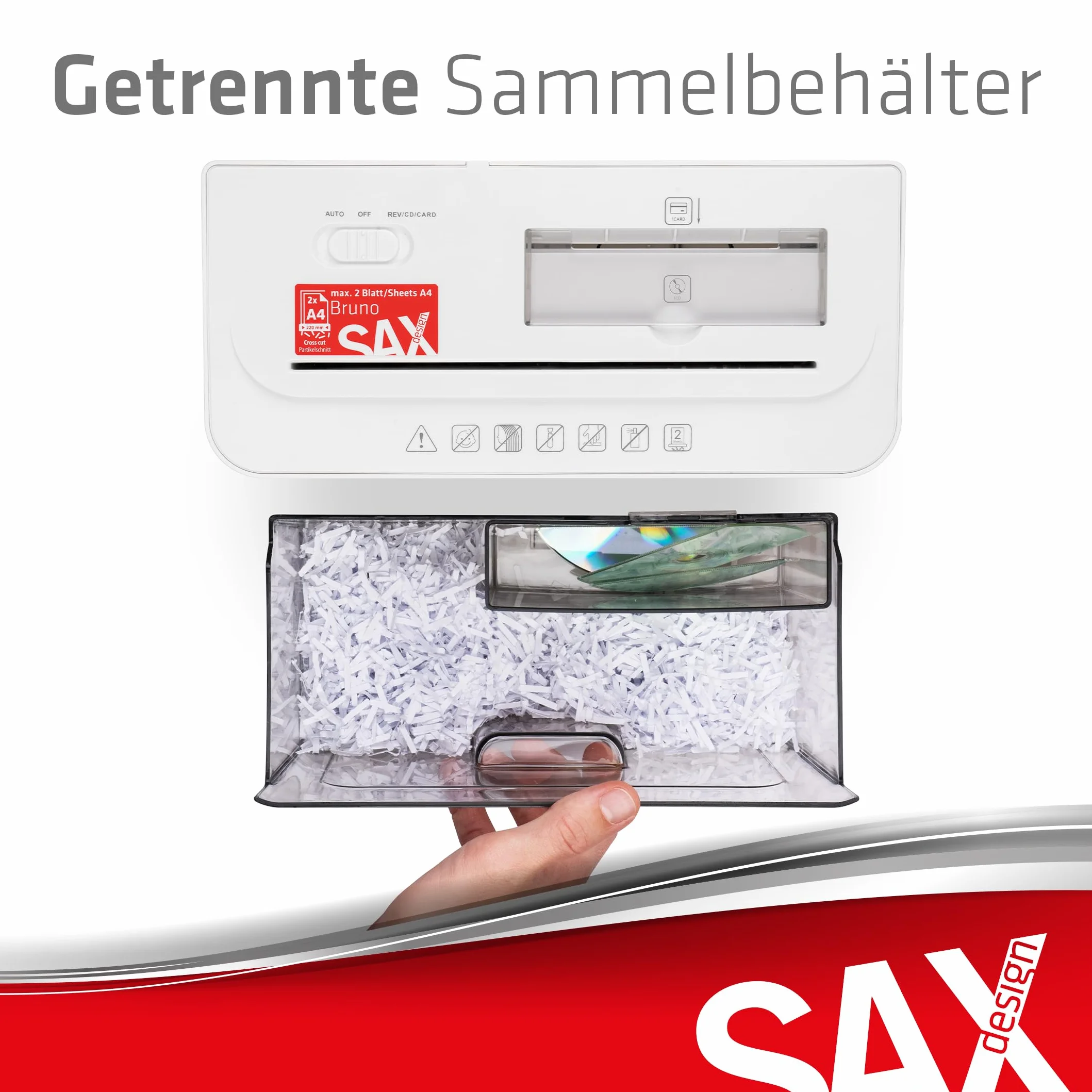 Sax Bruno Destructora de Papel: trituradora de 3 x 18 mm, Papel triturado, CD y Tarjetas, Apertura de Entrada de 220 mm, Capacidad A4 de 3,5 L, silencioso hasta 70 dB, Ideal para oficinas y