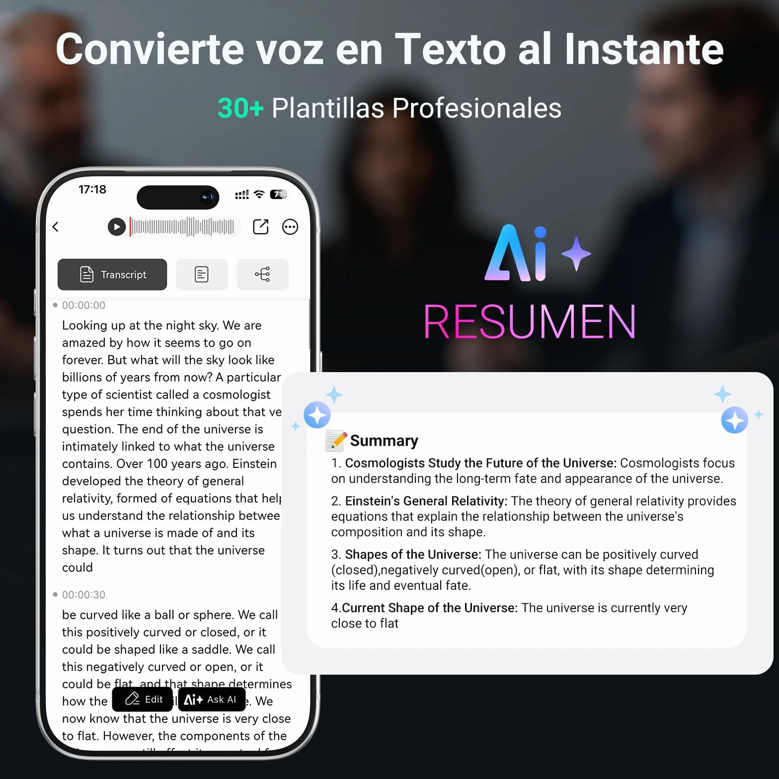 Grabadora de Voz IA 64GB Transcripción Inteligente 81 Idiomas Bluetooth 5.3