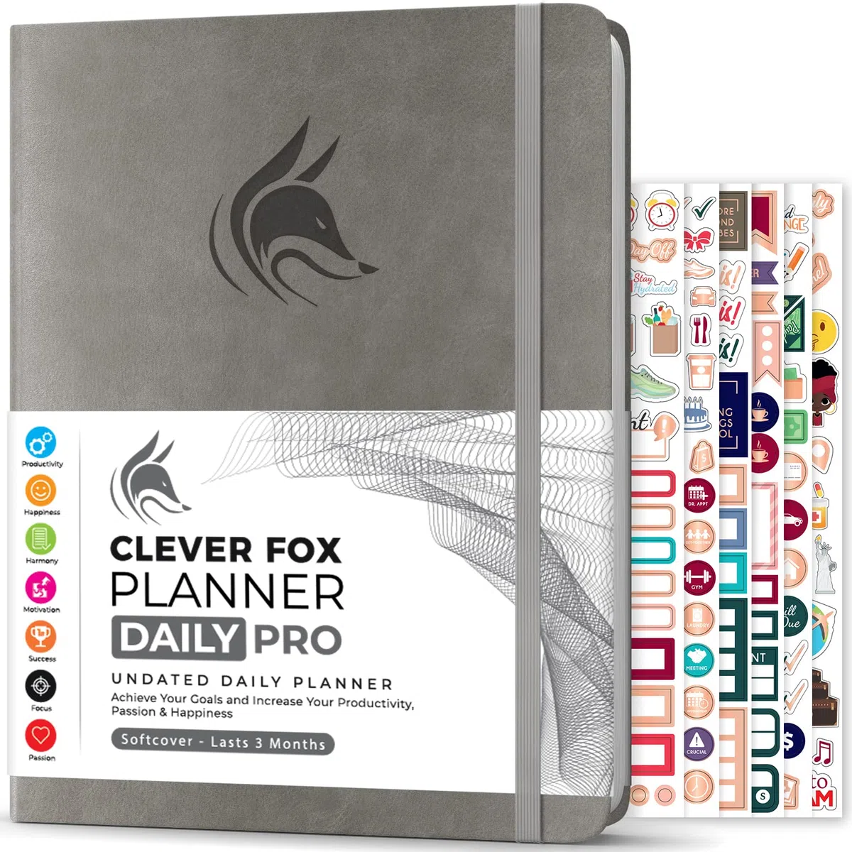 Clever Fox Planner Daily PRO - Agenda diaria y diario de gratitud para aumentar la productividad, gestión del tiempo y alcanzar tus objetivos, sin fecha, tamaño A4, 21,5 x 28 cm, dura 3 meses (gris)