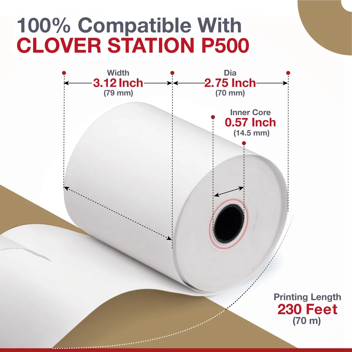 10 rollos de papel de recibo de trébol de 3 1/8 pulgadas x 230 pies, sin BPA, rollos de papel térmico para impresora Clover POS Station P100, P500, P550