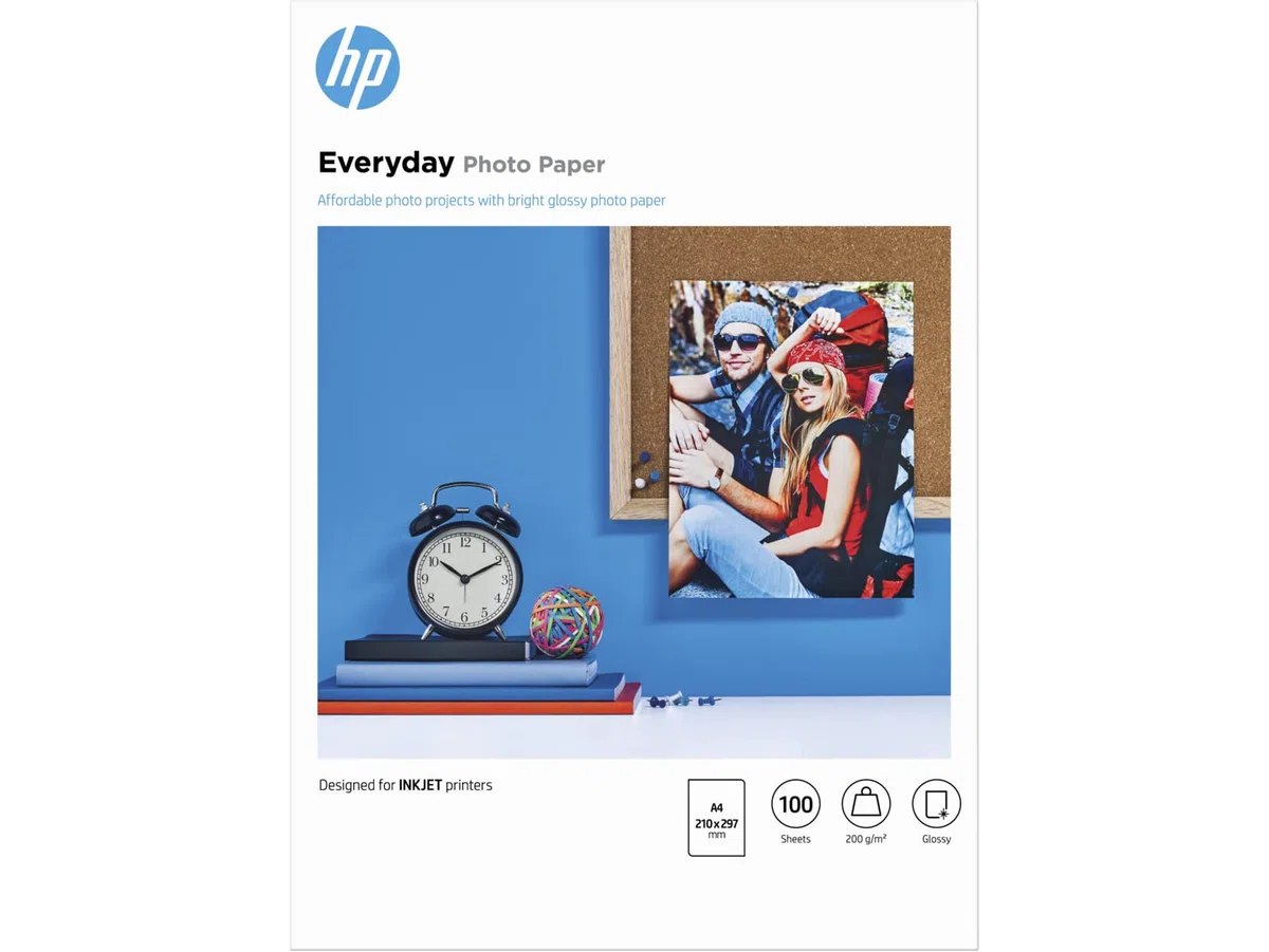 HP Everyday Q2510A, Papel fotográfico de tinta brillante, 200 g/m2, tamaño A4, paquete de 100 hojas, Negro/Azul/Blanco