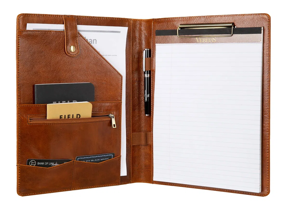 Portapapeles de piel auténtica, carpeta de piel curtida al aceite, portapapeles para mujer, carpeta de portapapeles de negocios para bloc de notas, cuaderno, planificador (marrón, no personalizable)