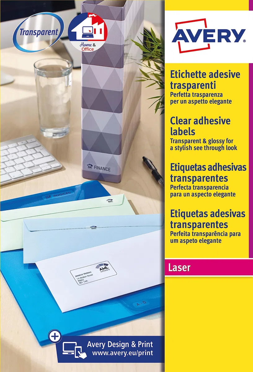 Avery España L7781-25 - Pack de 25 folios de etiquetas brillantes, 45.7 x 25.4 mm, Transparentes