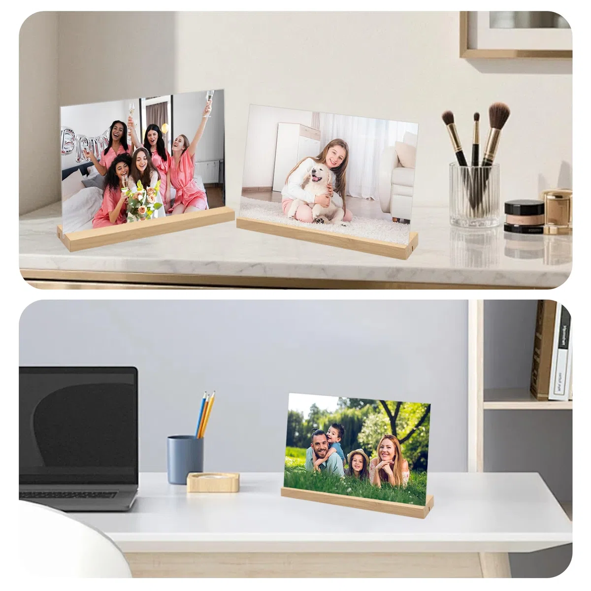 Soporte acrílico A4, paquete de 3 soportes horizontales de plástico con base de madera, soporte de menú de doble cara en forma de L/T, soporte de mesa para oficina, hogar, tienda, restaurante