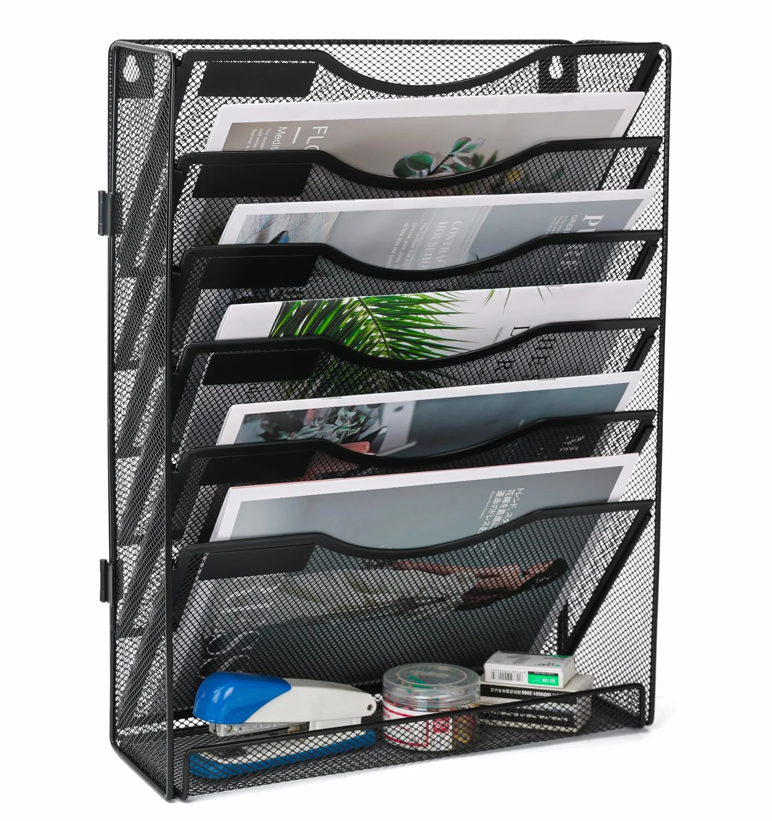 TQVAI Revistero Pared 7 Compartimentos Malla Metal Organizador Papeles A4 Colgante Oficina, Negro