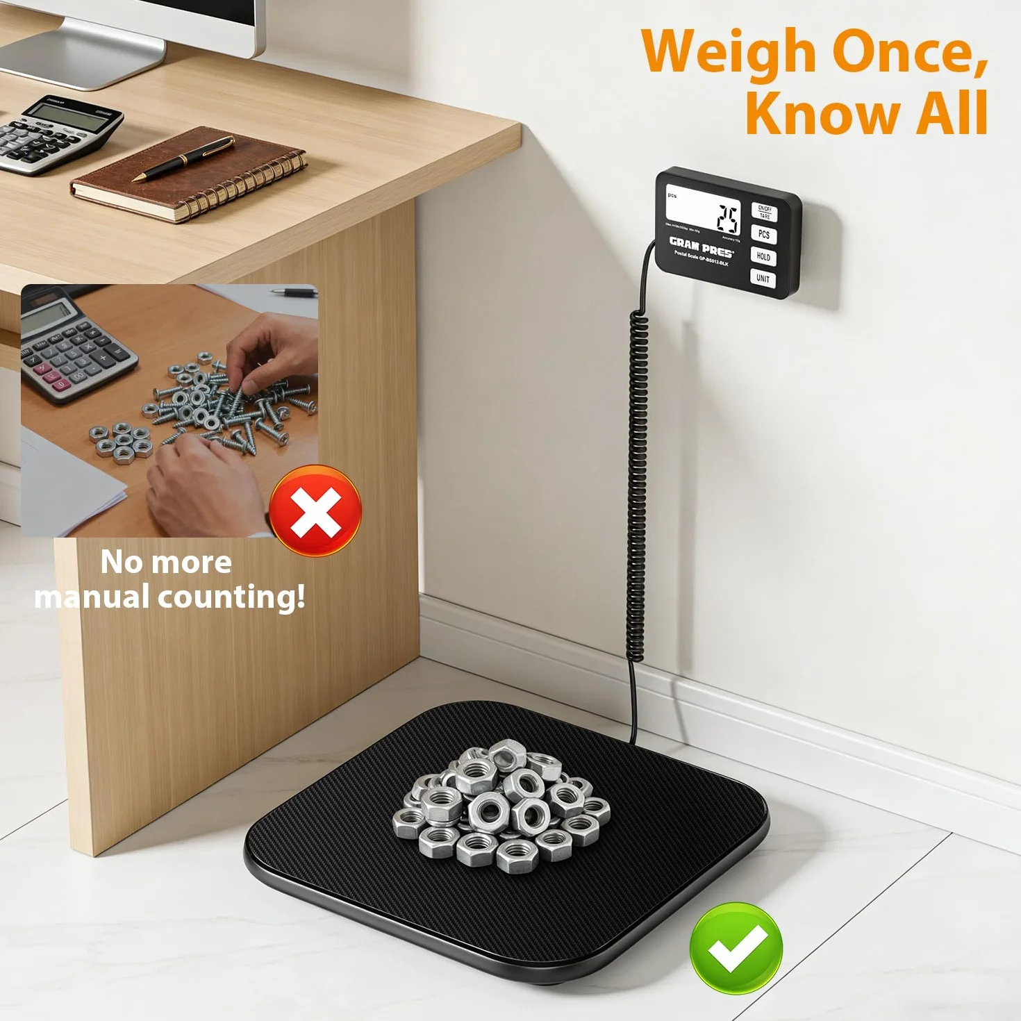 GRAM PRES Báscula de envíos digital 200 kg/10 g pantalla LCD retención tara piezas batería USB